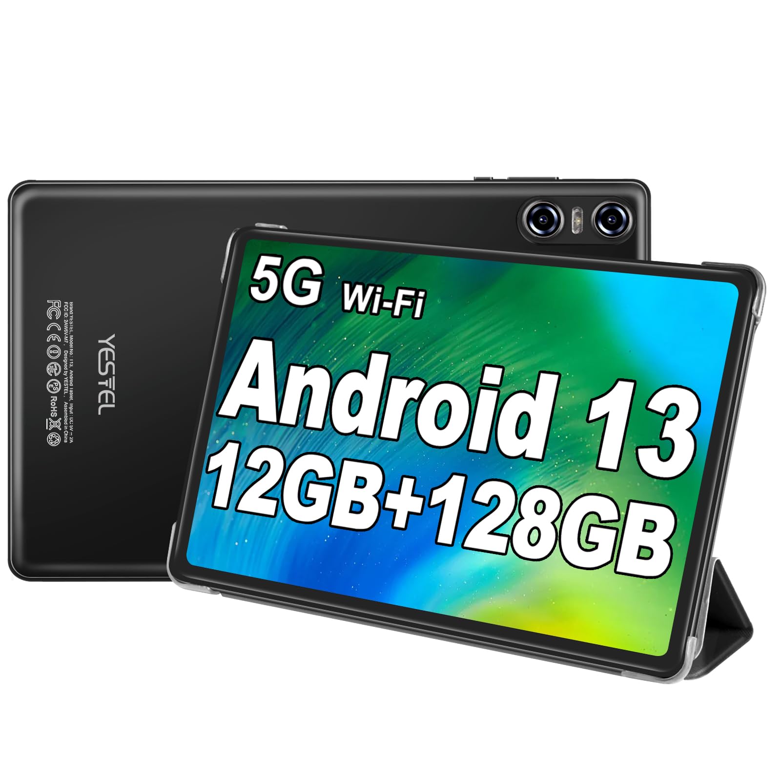 Android Tablet 10 Pollici con 12GB RAM + 128GB ROM (TF 1TB), 5G Wi-Fi, Octa-Core 2.0 GHz, 5MP+8MP, Bluetooth 5.0, GPS, 6000mAh, Tablet con Custodia, Nero