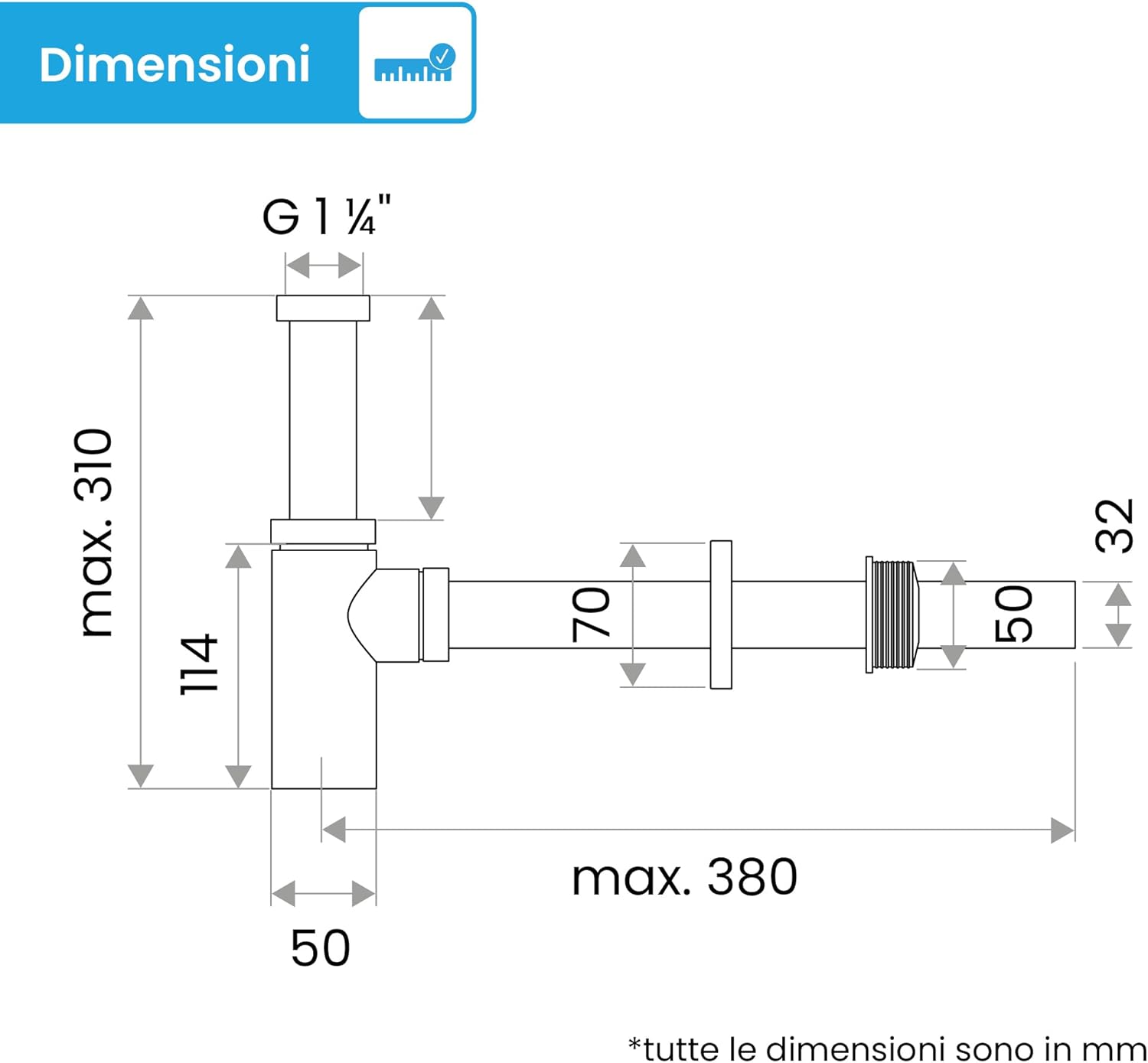 Bächlein Sifone di design universale per lavabo e mobile lavabo - piletta che si adatta perfettamente - sifone antiodore con apertura per la pulizia + istruzioni di installazione - immagine 6