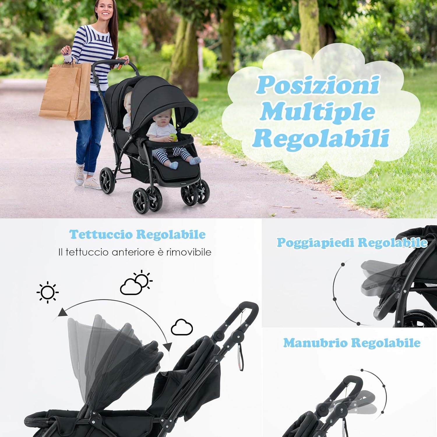 Costway Passeggino Doppio Pieghevole per Bambini, Nero - immagine 3