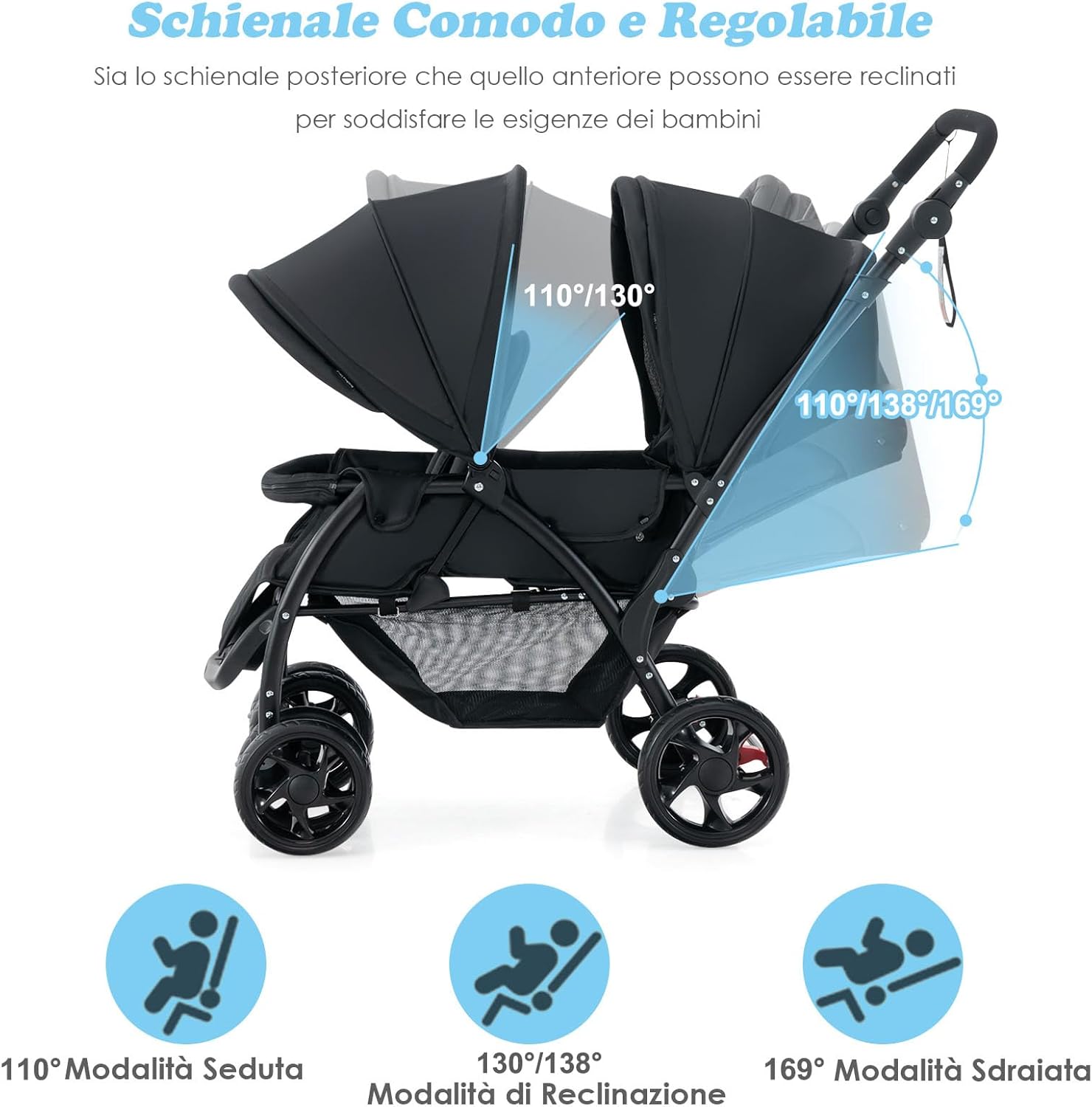 Costway Passeggino Doppio Pieghevole per Bambini, Nero - immagine 4