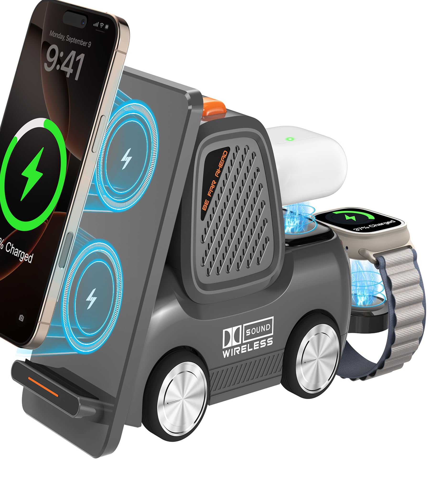 Stazione di Ricarica Wireless 4 in 1 con Altoparlante Bluetooth