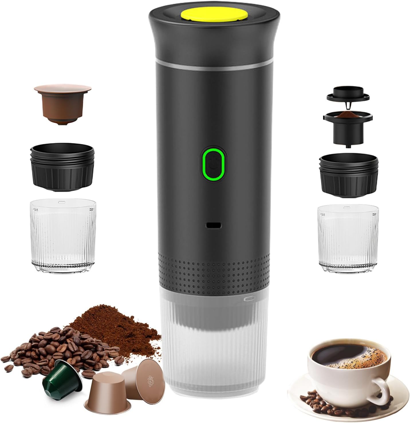 Umisu Macchina da caffè portatile, 3 in 1 Caffettiere Espresso Capsule e Caffè Macinato Macchina per Espresso Elettrico Riscaldamento Rapido per Ufficio Viaggi Campeggio Casa (nero)