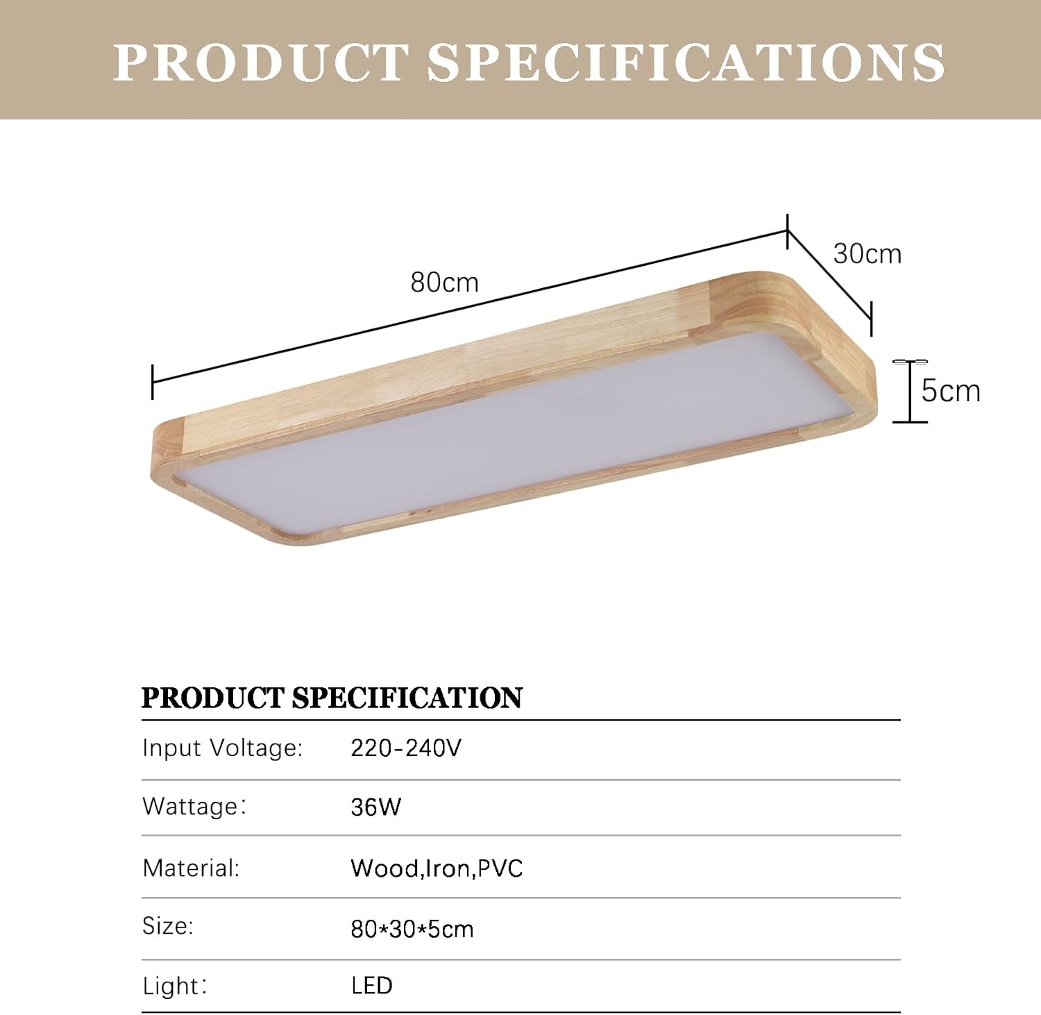 Schindora Plafoniera LED Soffitto Legno 80x30cm 36W - immagine 3