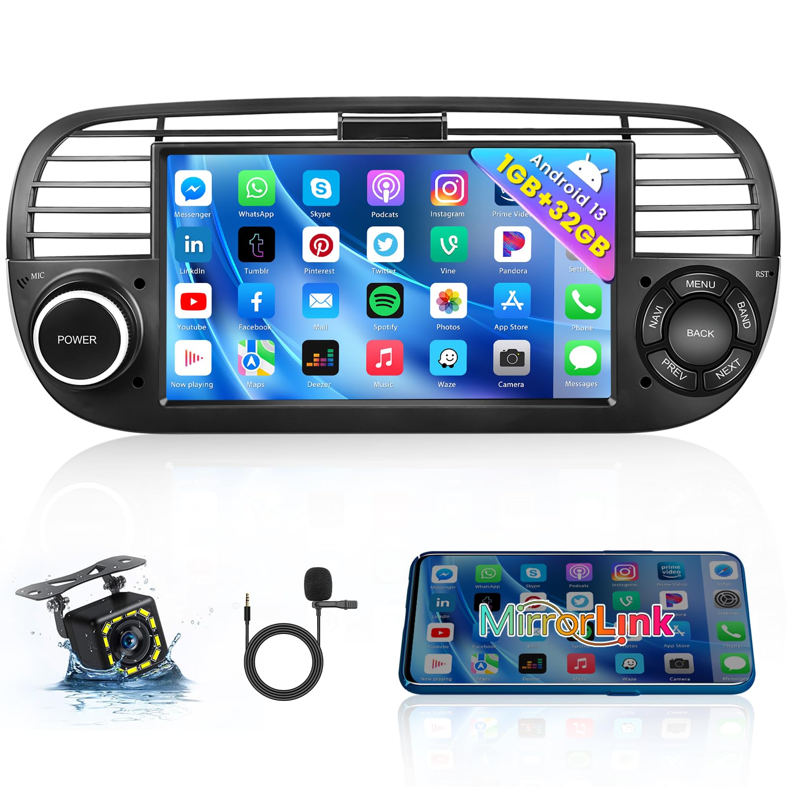 Hikity Android 13 Autoradio per Fiat 500 (2007-2015)