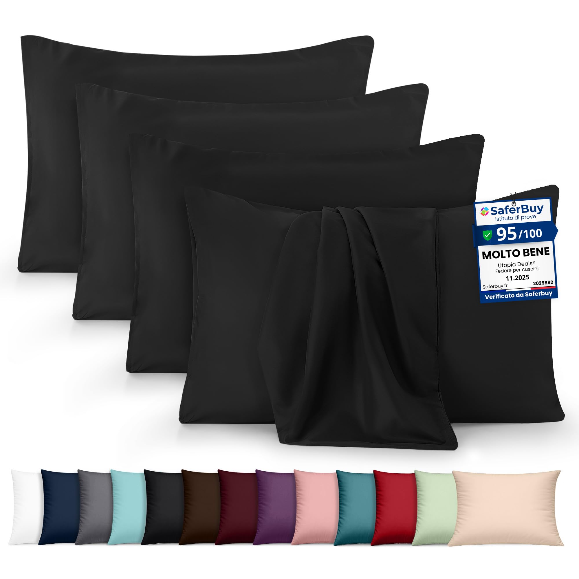 Utopia Bedding - Federe Set Di 4-50 x 75 Cm - Copricuscino In Poliestere - Morbida Spazzolata Microfibra Federe Con Chiusura A Busta - Nero