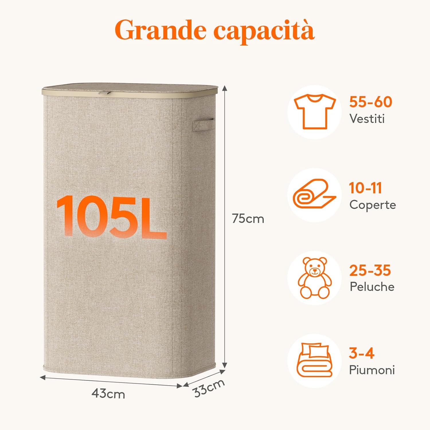 Lifewit Cesto Portabiancheria 105 L con Coperchio, Beige - immagine 3