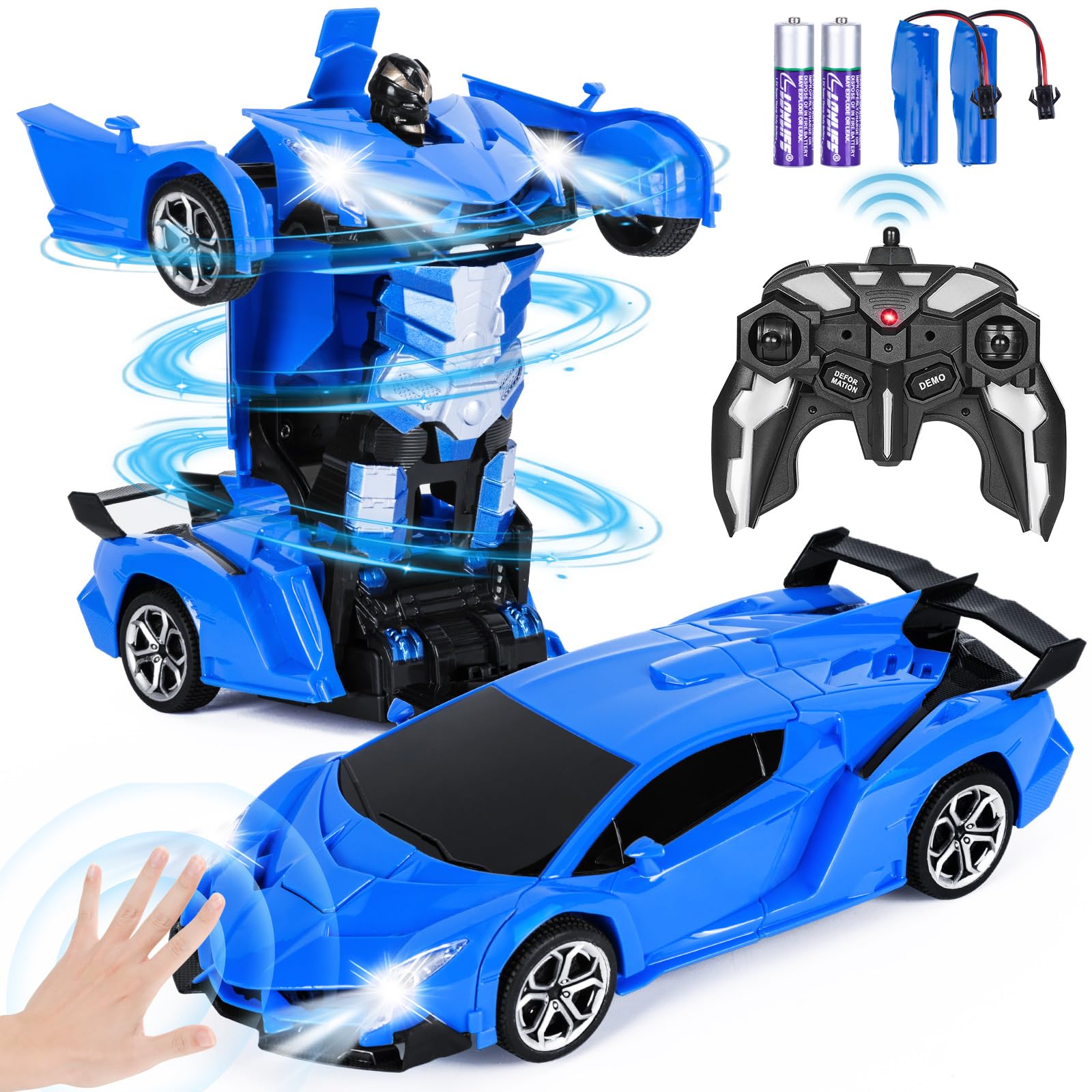 Macchina Telecomandata Robot Bambini con Rilevamento Gesti, Luce e Musica, 2.4GHz Rotazione a 360° Macchina Trasformatore Robot Giocattolo Bambino 3 4 5 6 7 8 Anni Regalo, Blu