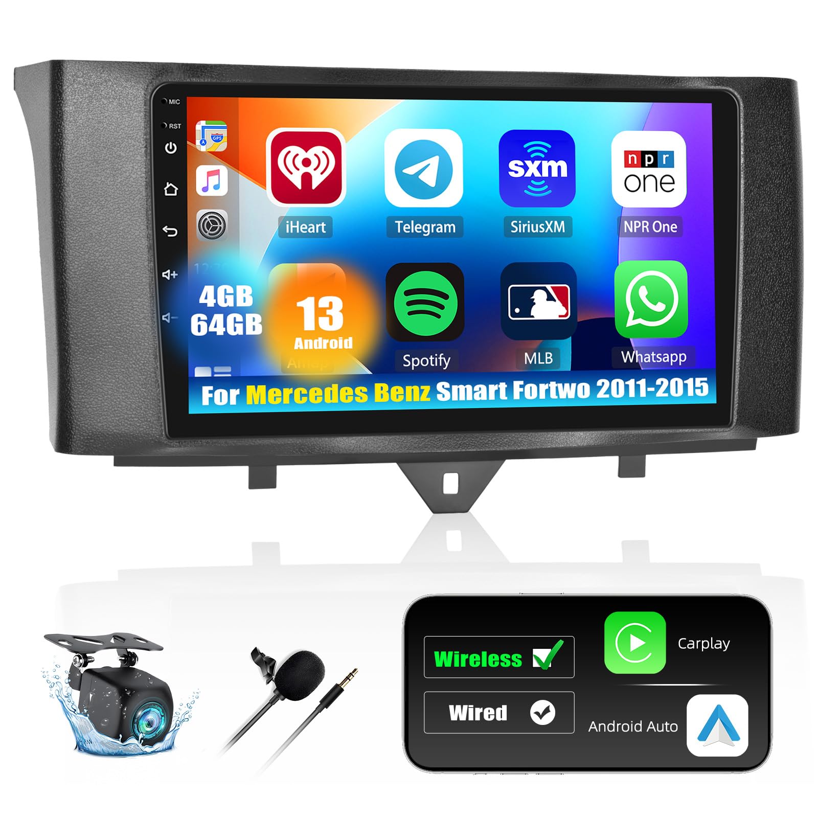Camecho Autoradio Android 13 per Mercedes Benz Smart Fortwo, 9"