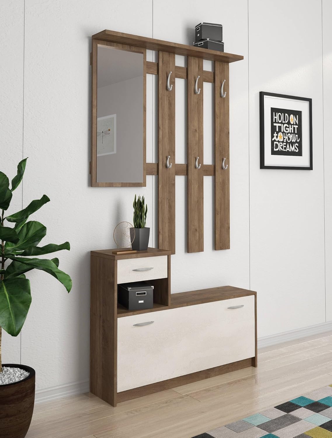 Dmora Ingresso Clint - Entratina Moderna con Specchio, Bianco e Quercia