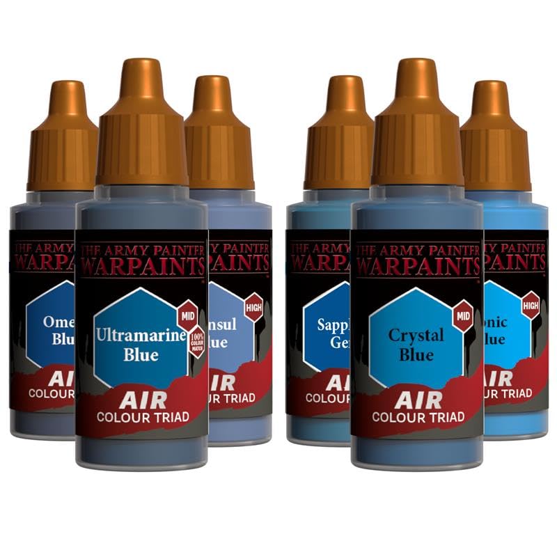 The Army Painter, Airbrush Primary Bundle Blue, 2 triadi di colore blu con 6 colori acrilici diluiti per aerografo da 18 ml - Vernice per una pistola a spruzzo per miniature di D&D e Warhammer