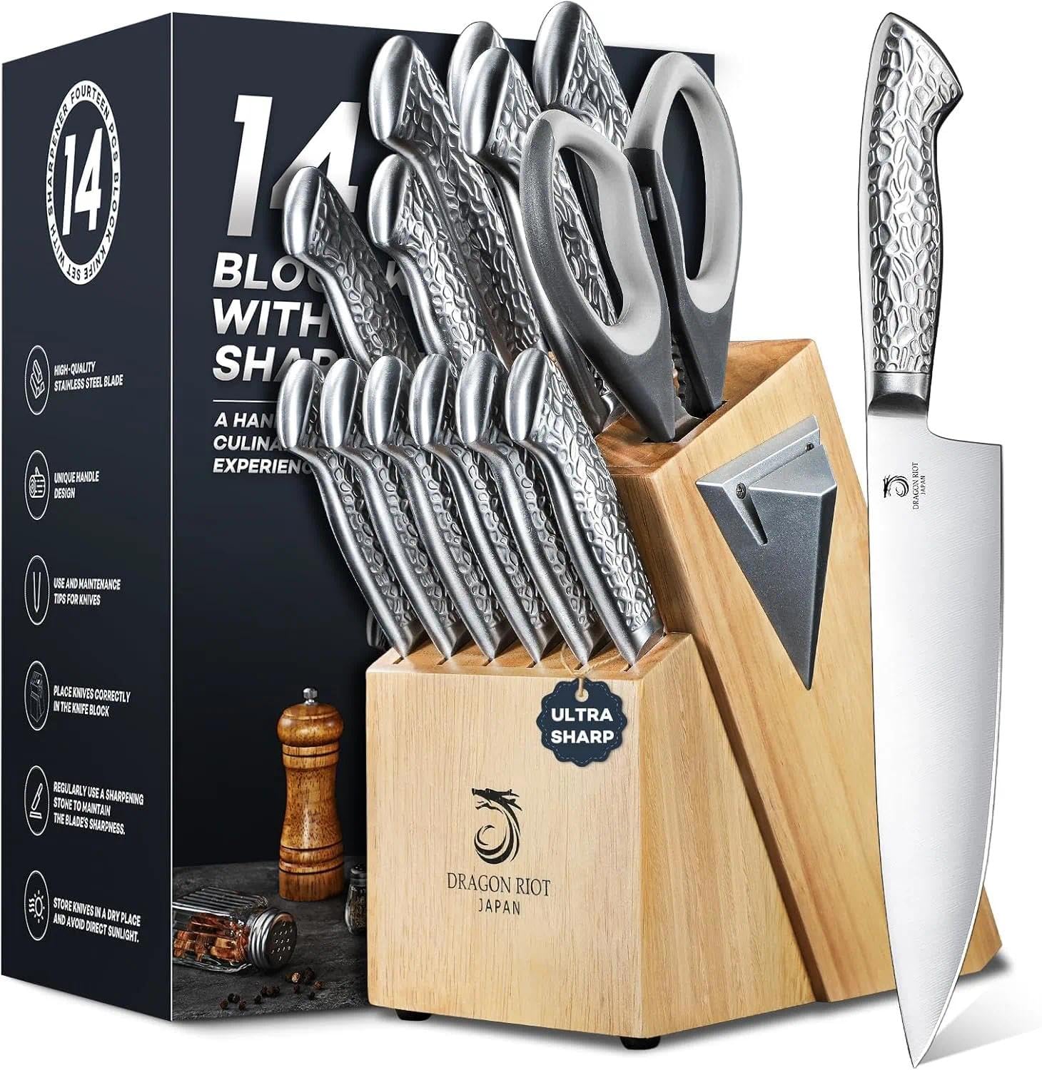 Dragon Riot Ceppo Coltelli da Cucina Professionali 14 Pezzi