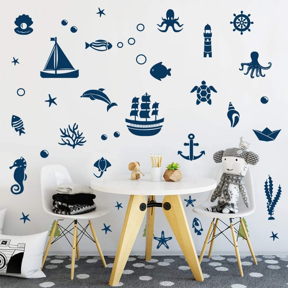 Mare Adesivi da Parete,Mare Animali Sticker da Muro per Bagno,Oceano Adesivo Murale per Camera Bambini,Blu Marini Animali Sticker Murali per Camera da Letto WC Asilo Nido Decorazioni