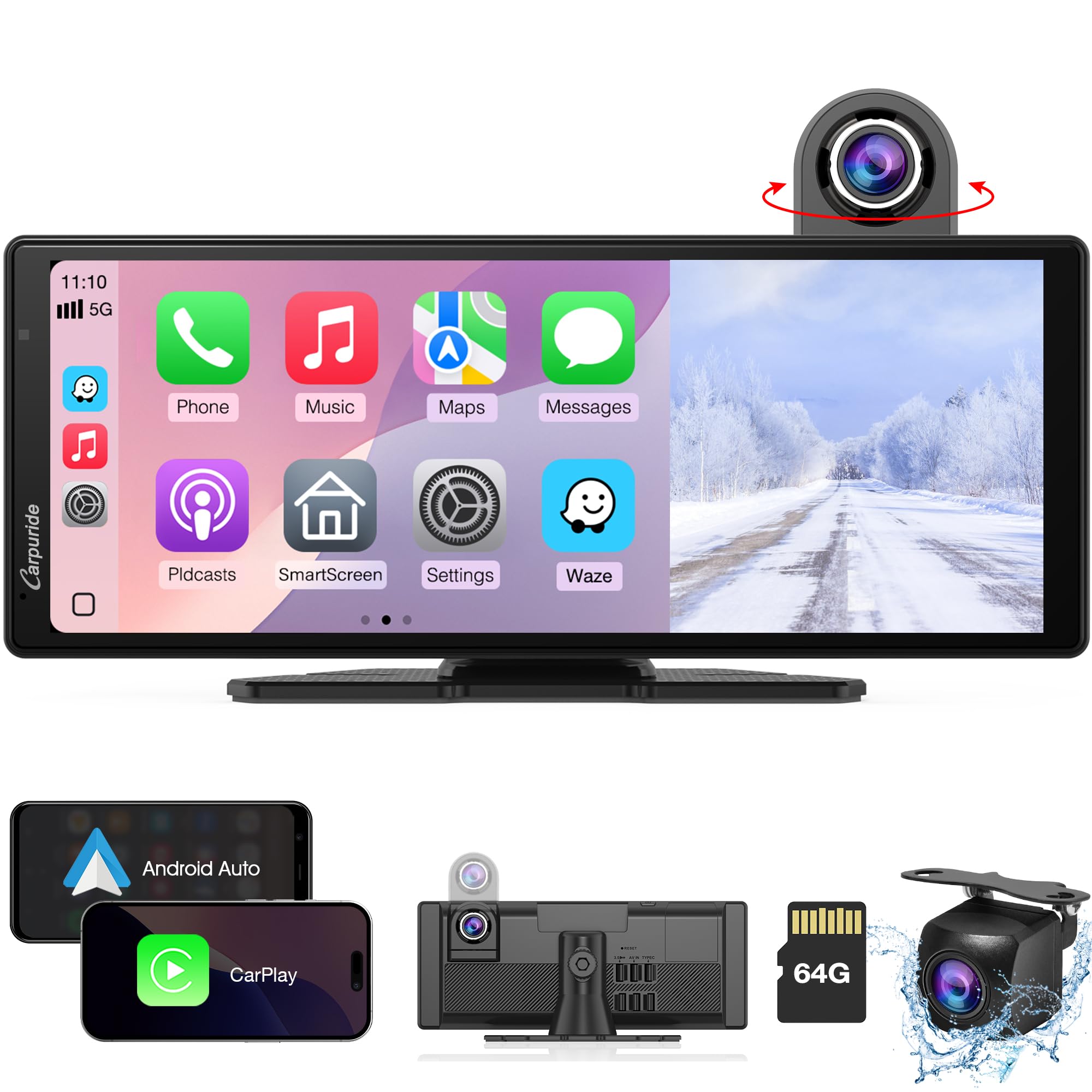 Carpuride Wireless Carplay e Android Auto con Dash Cam