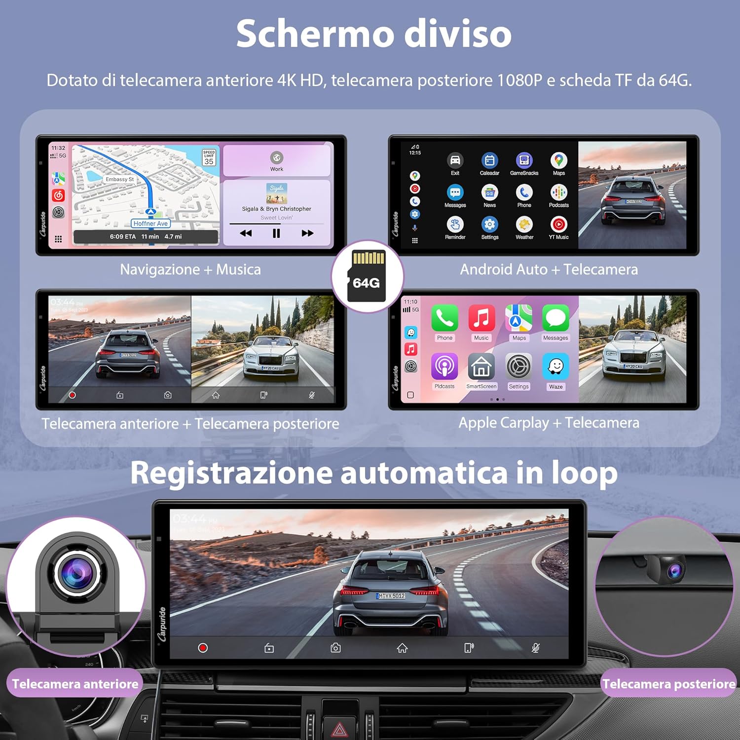 Carpuride Wireless Carplay e Android Auto con Dash Cam - immagine 2