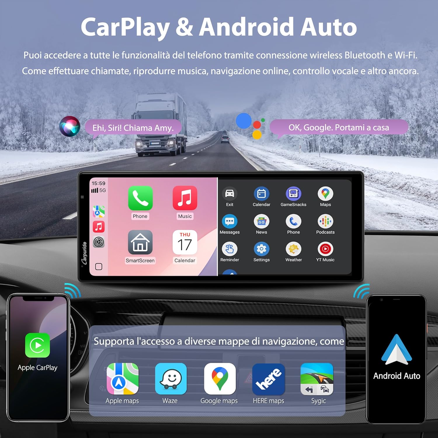 Carpuride Wireless Carplay e Android Auto con Dash Cam - immagine 6