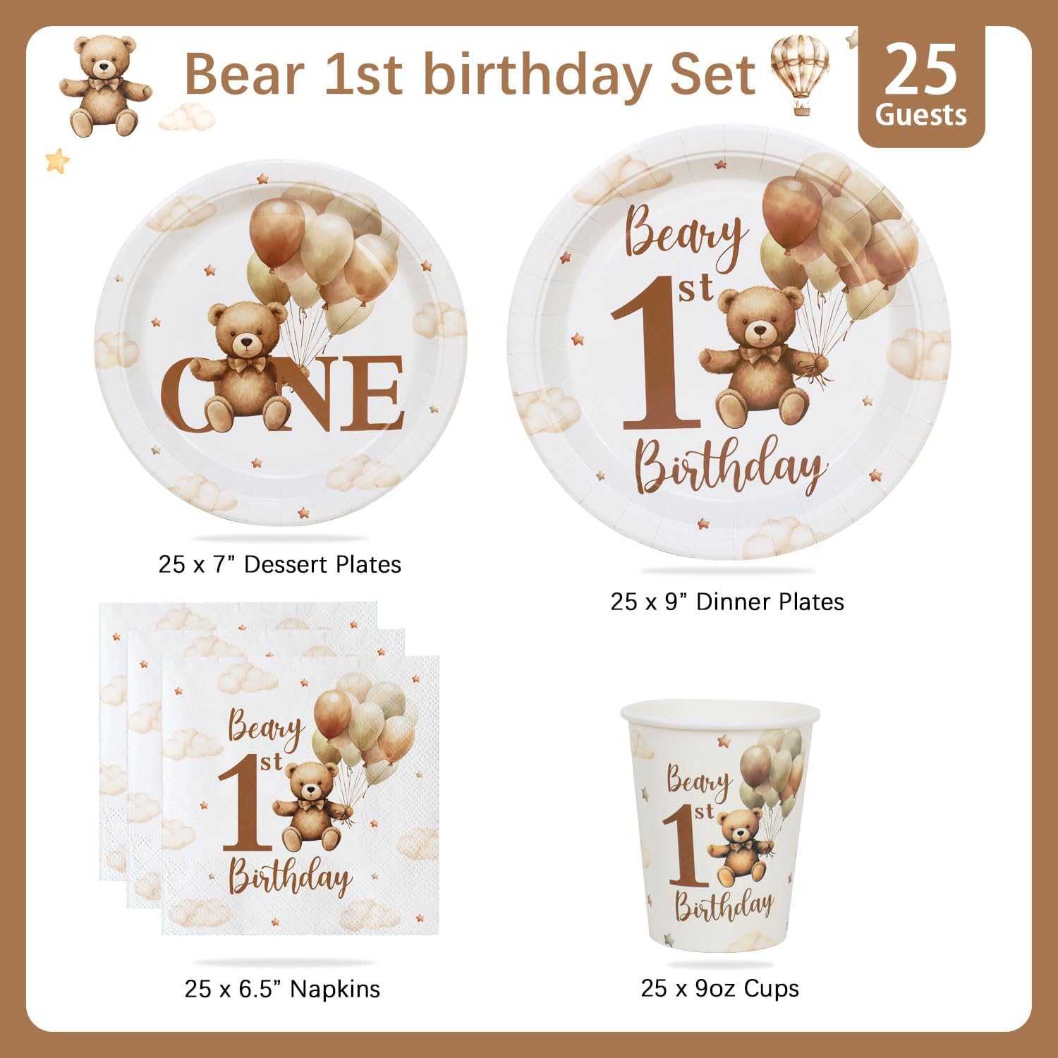 Decorazioni Compleanno 1 Anno Bimbo 100 Pezzi Beige - immagine 3