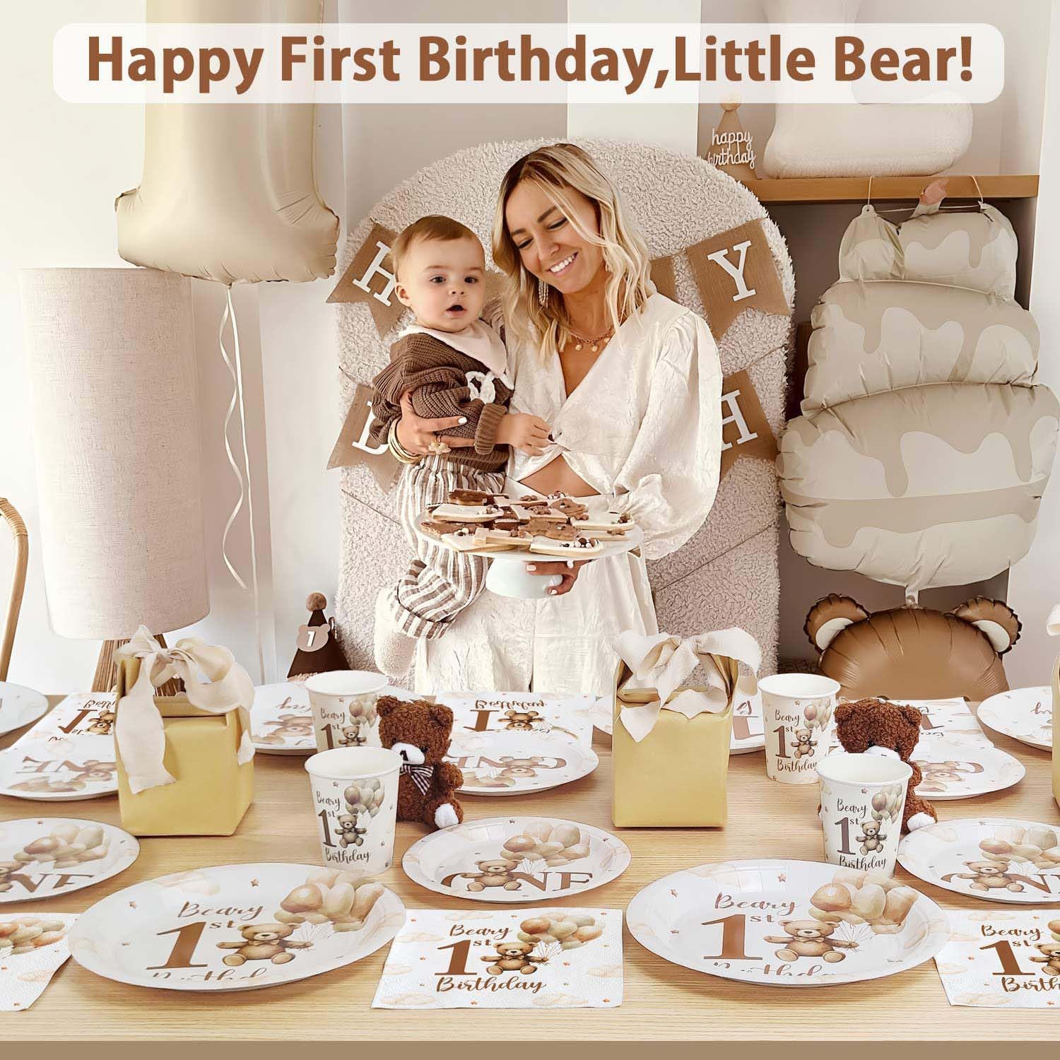 Decorazioni Compleanno 1 Anno Bimbo 100 Pezzi Beige - immagine 6