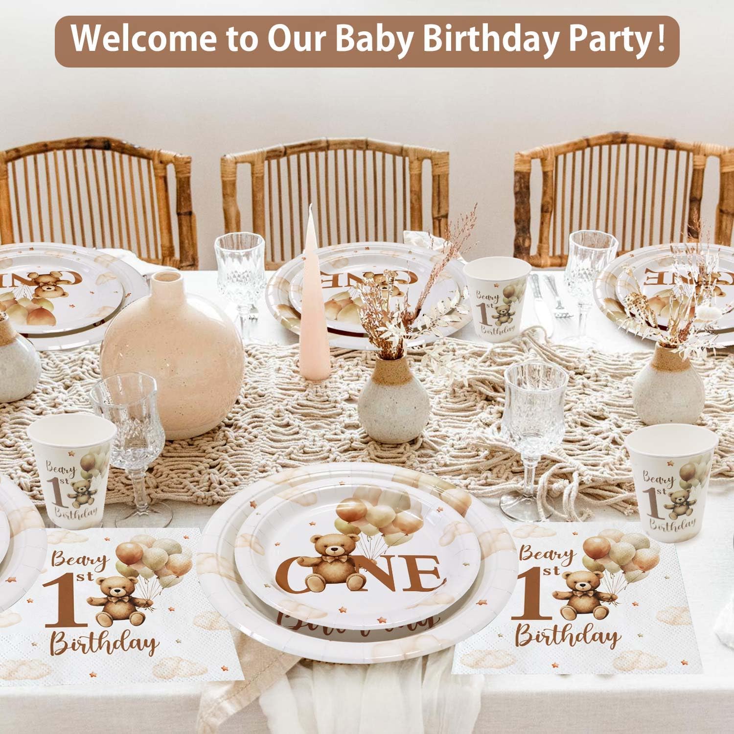 Decorazioni Compleanno 1 Anno Bimbo 100 Pezzi Beige - immagine 7