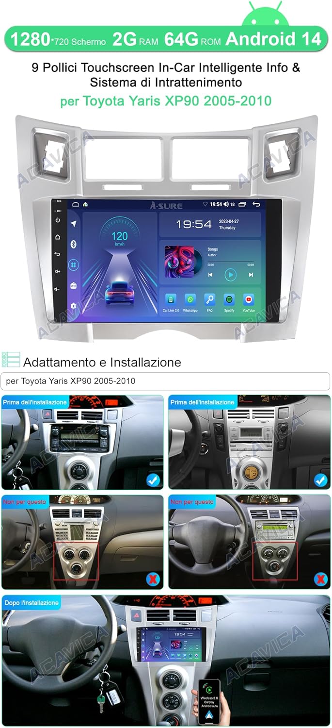 ACAVICA Autoradio 9" per Toyota Yaris 2 XP90 2005-2010 - immagine 2