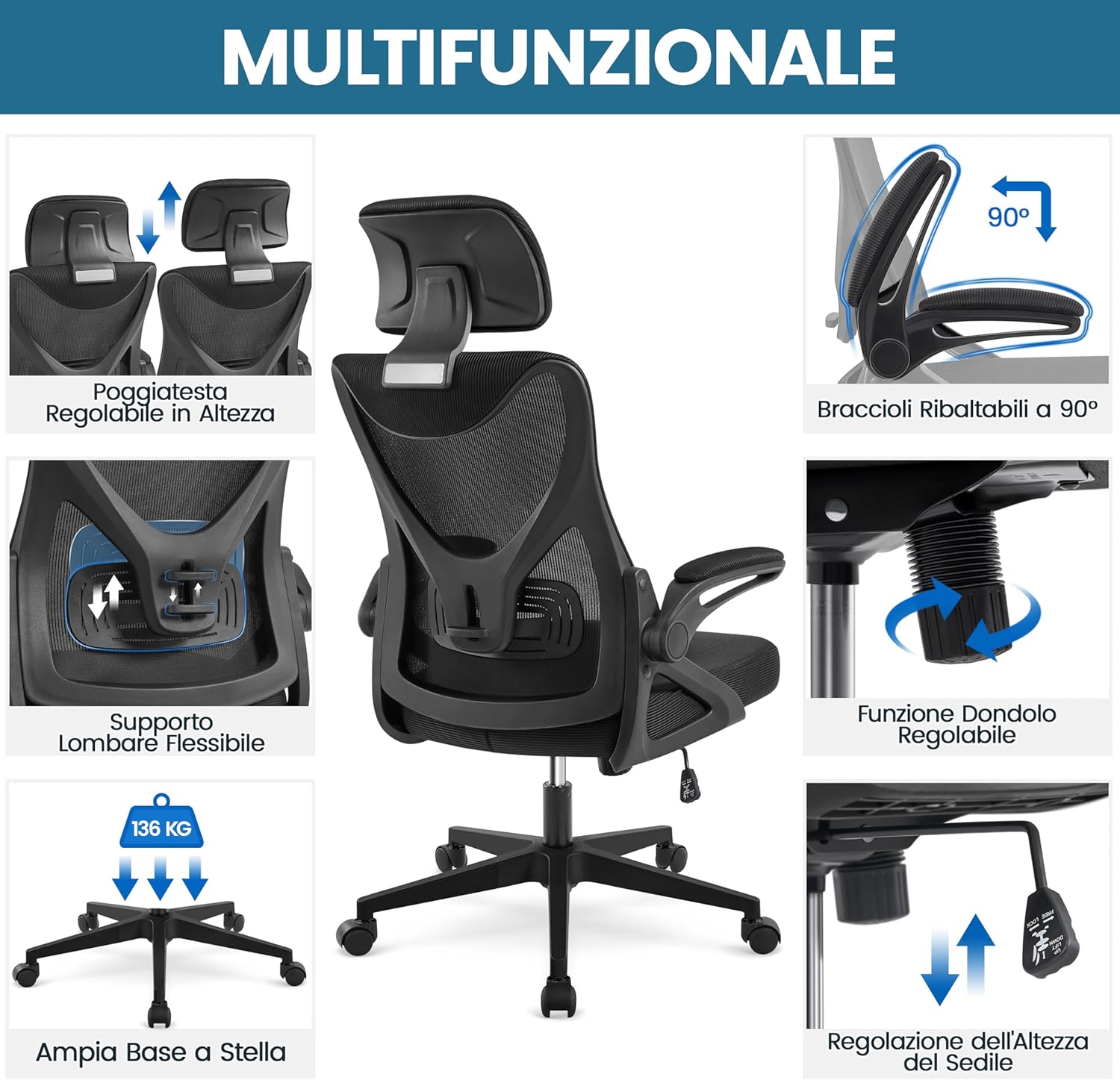 Yaheetech Sedia Ufficio Ergonomica Girevole, Nera - immagine 5