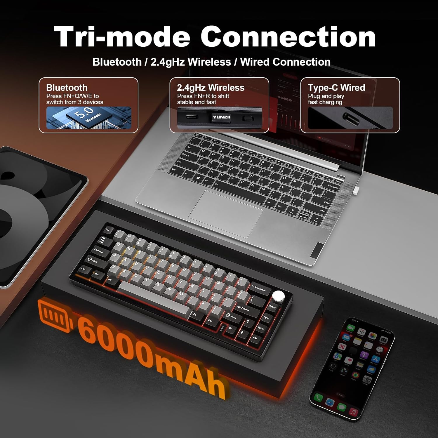 Yunzii AL68 Tastiera Meccanica Wireless 60% Alluminio, Nero - immagine 3