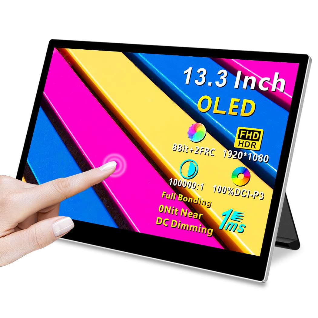Monitor Portatile Touchscreen 13,3" OLED FHD 1080P, Monitor Portatile 1ms, 100000:1, 100% DCI-P3, Schermo Mobile HDMI Leggero per Laptop/MacBook/PC/Console di Gioco