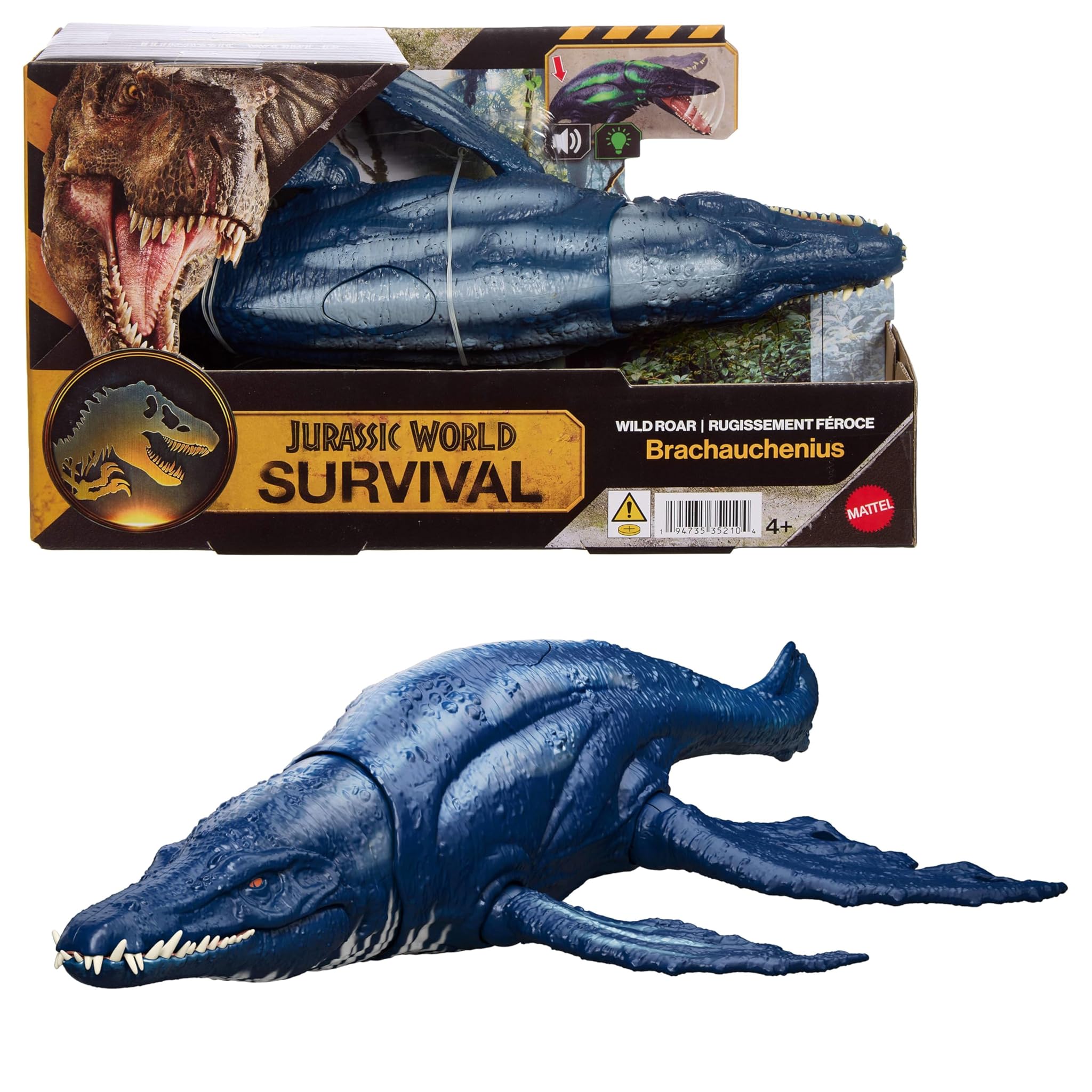Mattel Jurassic World - Bracauchenio Ruggito Selvaggio, dinosauro snodabile con mandibola multidirezionale, mossa d'attacco e suoni inclusi, giocattolo per bambini, 4+ anni, JKL79