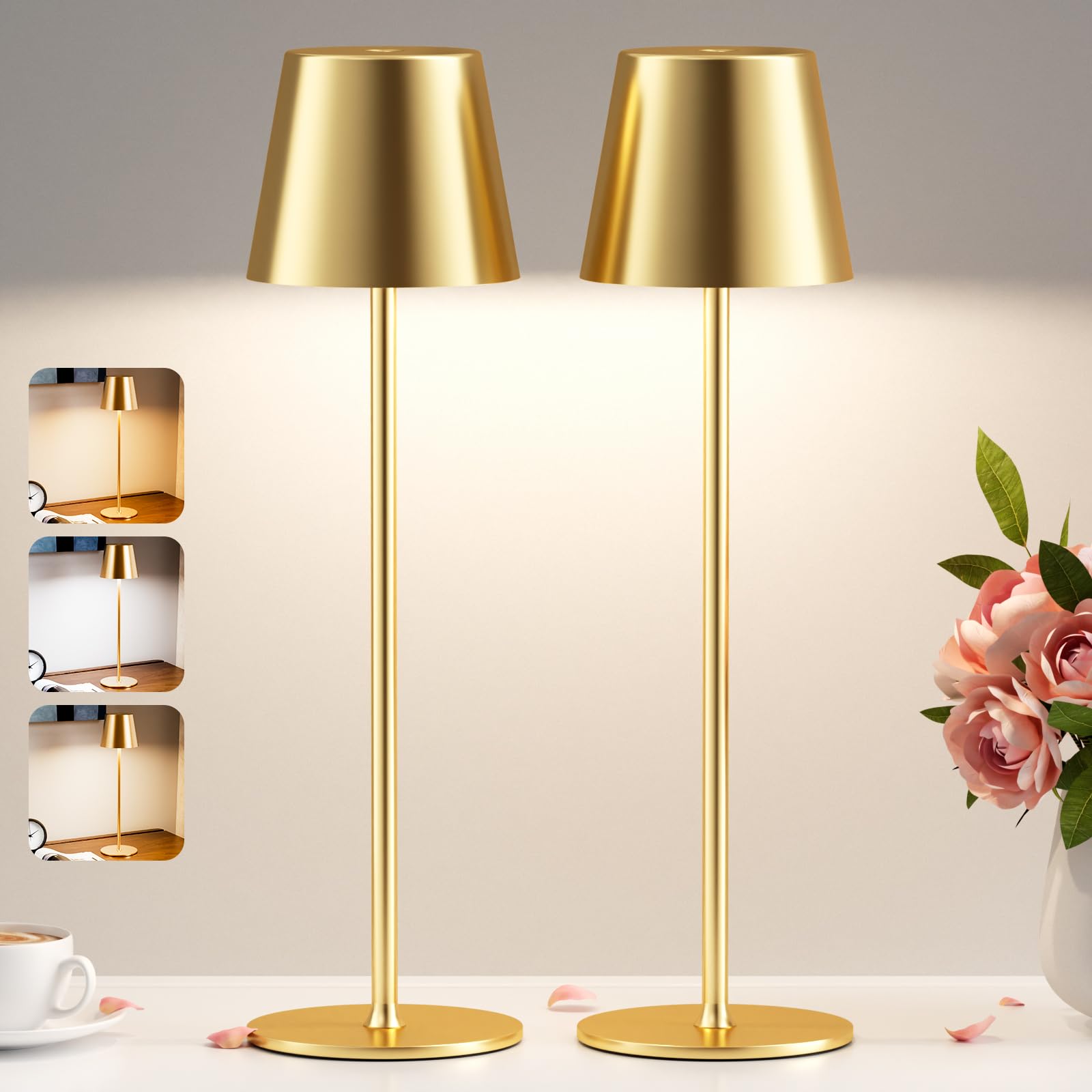 2 Pezzi Lampada da Tavolo Senza Fili, Touch Dimmerabile, 3 Modalità di Colore, Lampada da Comodino LED Ricaricabile per Camera da Letto, Soggiorno, Campeggio all'aperto Esterno(Oro)