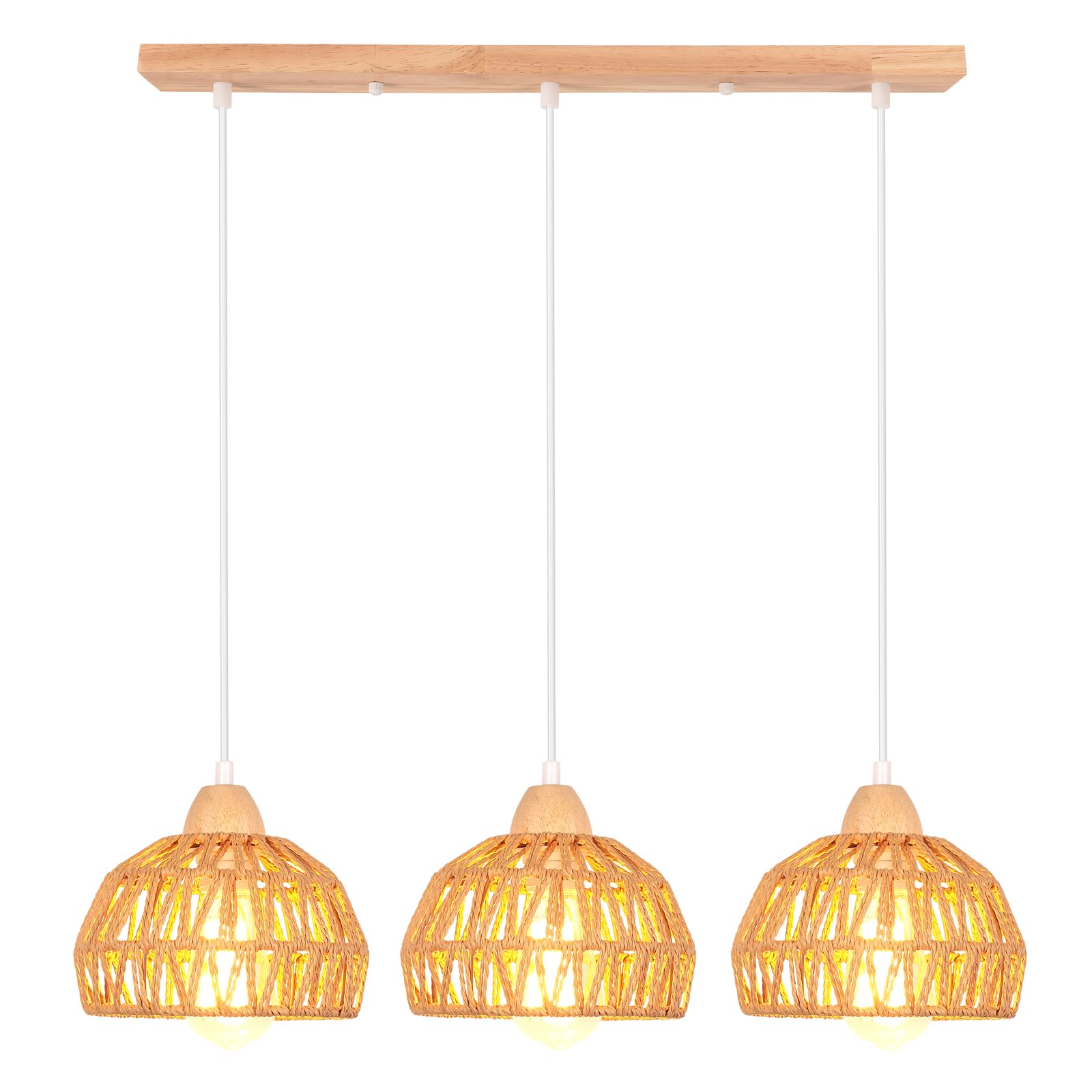 Idegu Lampadario a Sospensione Vintage in Legno Rattan 3 Luci
