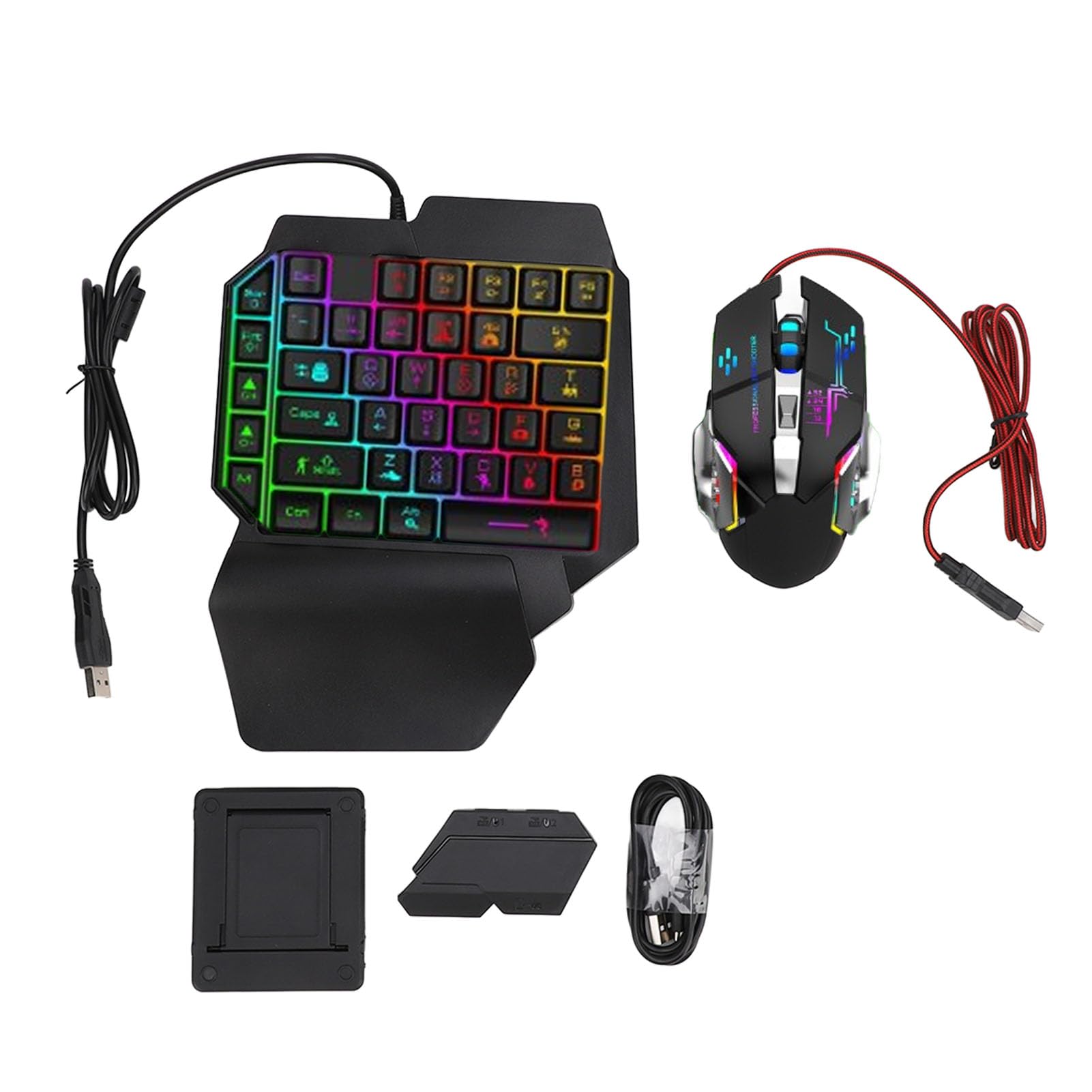 Garsent Combo Tastiera Mouse e Convertitore da Gioco RGB, Adattatore Mouse Tastiera Gioco Mobile con una Sola Mano, Pacchetto Combinato Gioco Mobile 4 in 1, Set Supporto Telefono