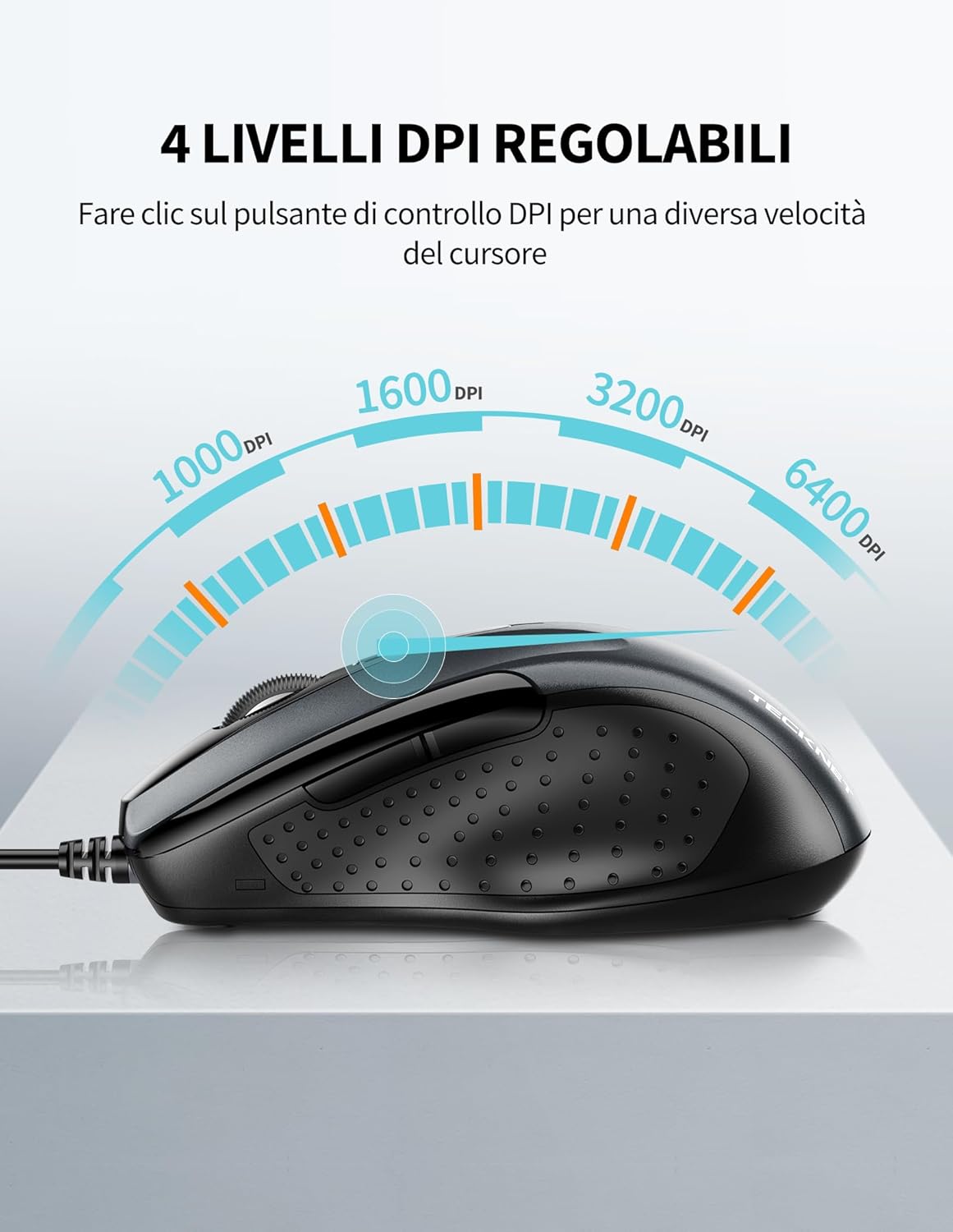 Tecknet PRO Mouse Ottico Cablato 6400 DPI, Grigio - immagine 2
