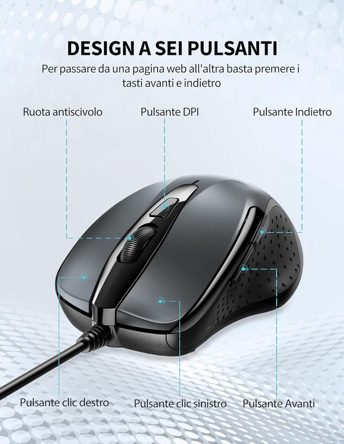 Tecknet PRO Mouse Ottico Cablato 6400 DPI, Grigio - immagine 3