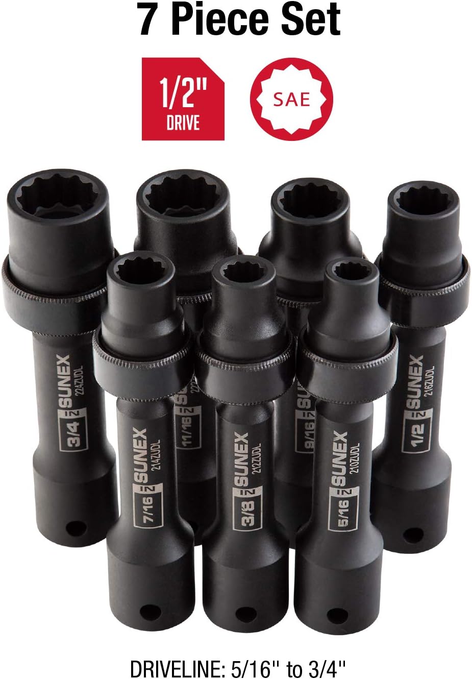 Sunex 2696 1/2-inch Drive SAE 12-point Driveline socket set, 7 pezzo - immagine 2