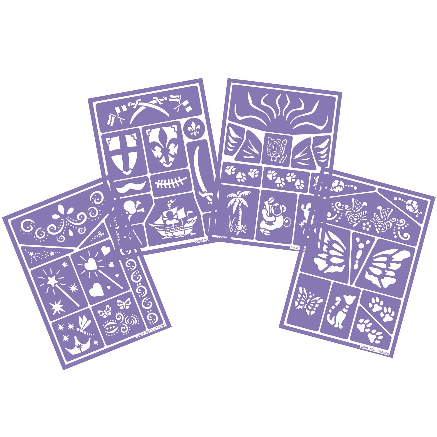 GRIM’TOUT Kit 4 Stencil Trucco Bambini - Trucco, Travestimento - Attività Artistica - Riutilizzabili e Lavabili - Ideali per Feste, Kermesse, Compleanni e Halloween - Temi Variati