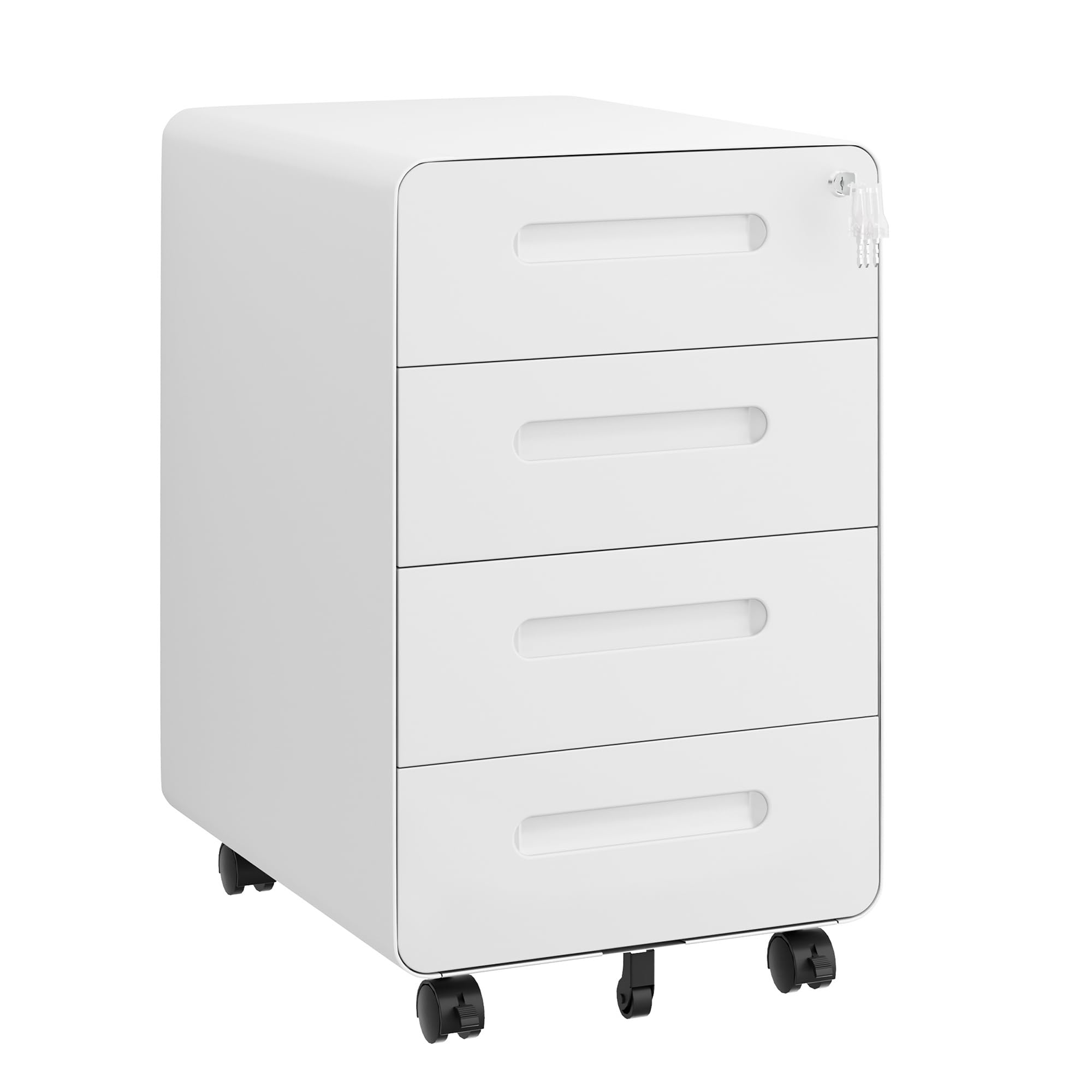 Cassettiera Scrivania Mobile, Cassettiera con Serratura, 4 Chiavi, 4 Cassetti, in Acciaio, Angoli Arrotondati, Preassemblato, 46P x 40l x 64H cm, Bianco