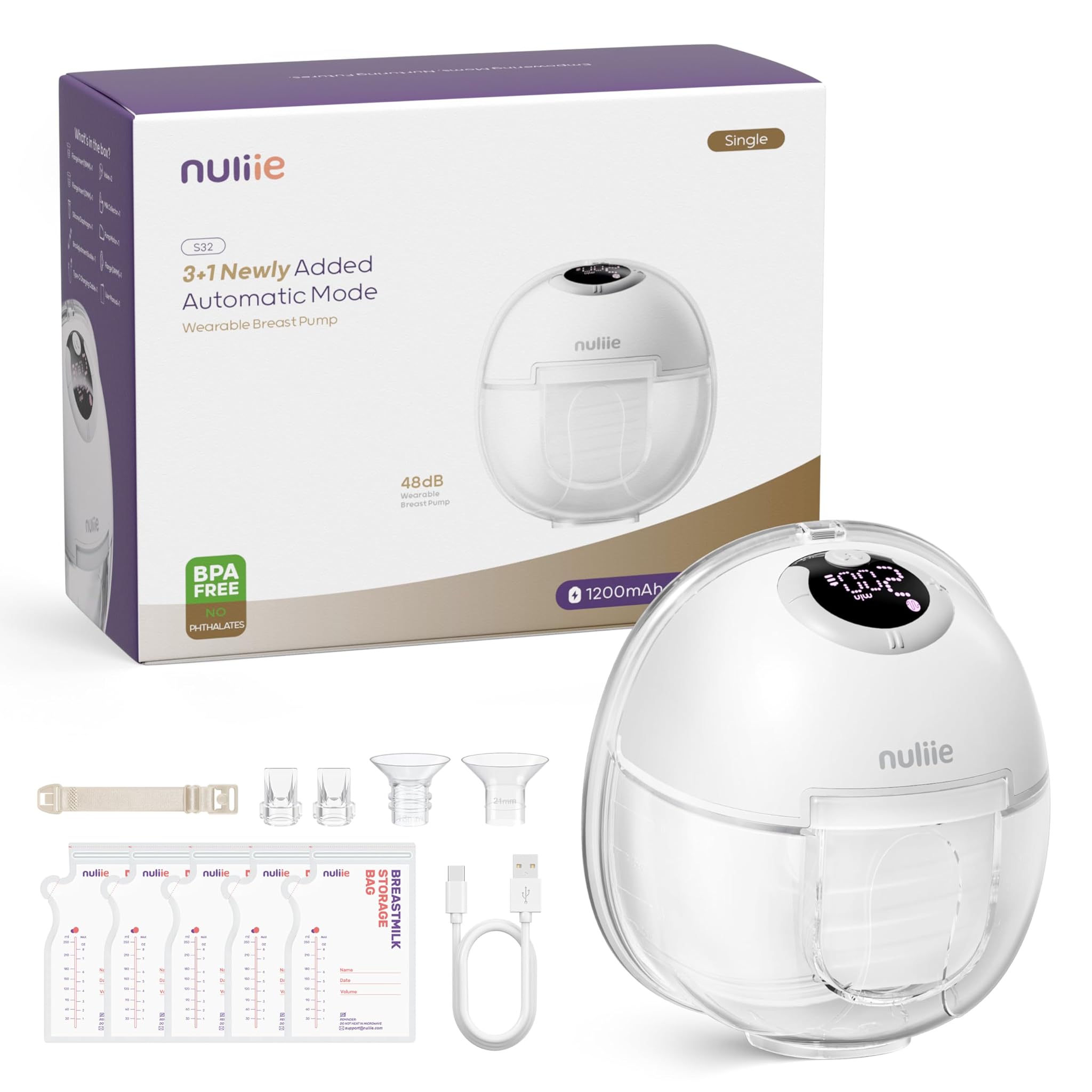 Nuliie Tiralatte elettrico portatile S32, 4 modalità, 9 livelli, flangia da 24 mm con indicatore LED, 1 flangia da 18 mm e 21 mm e valvole intercambiabili (1 confezione, bianco)