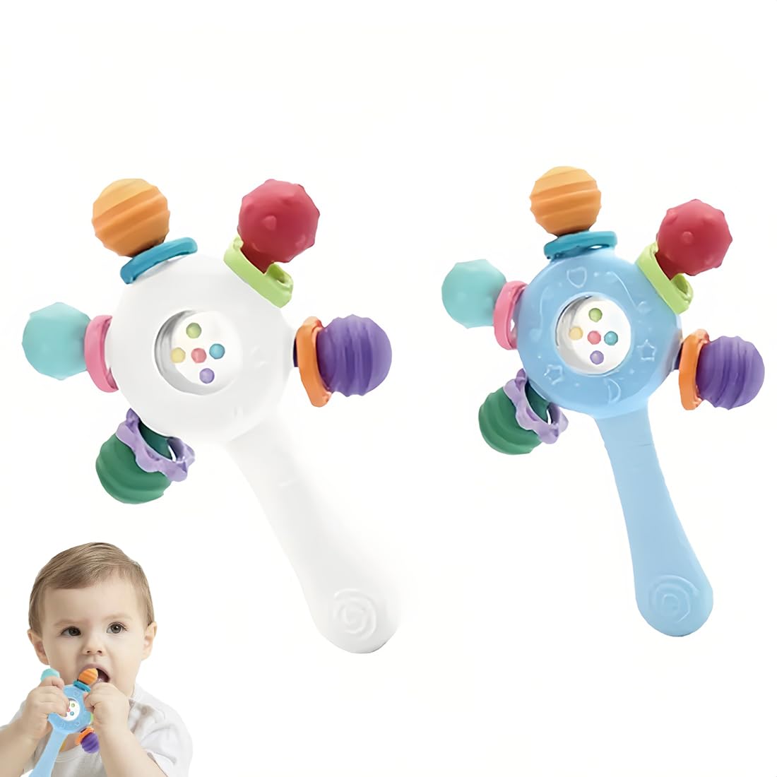 2 pezzi Giocattolo Giocattolo sonaglio del bambini con sonaglio,Senza BPA Sensoriali Giocattoli Progettazione anti-inghippo Adatto,giochi bambini 3-6 mesi(Bianco e blu)