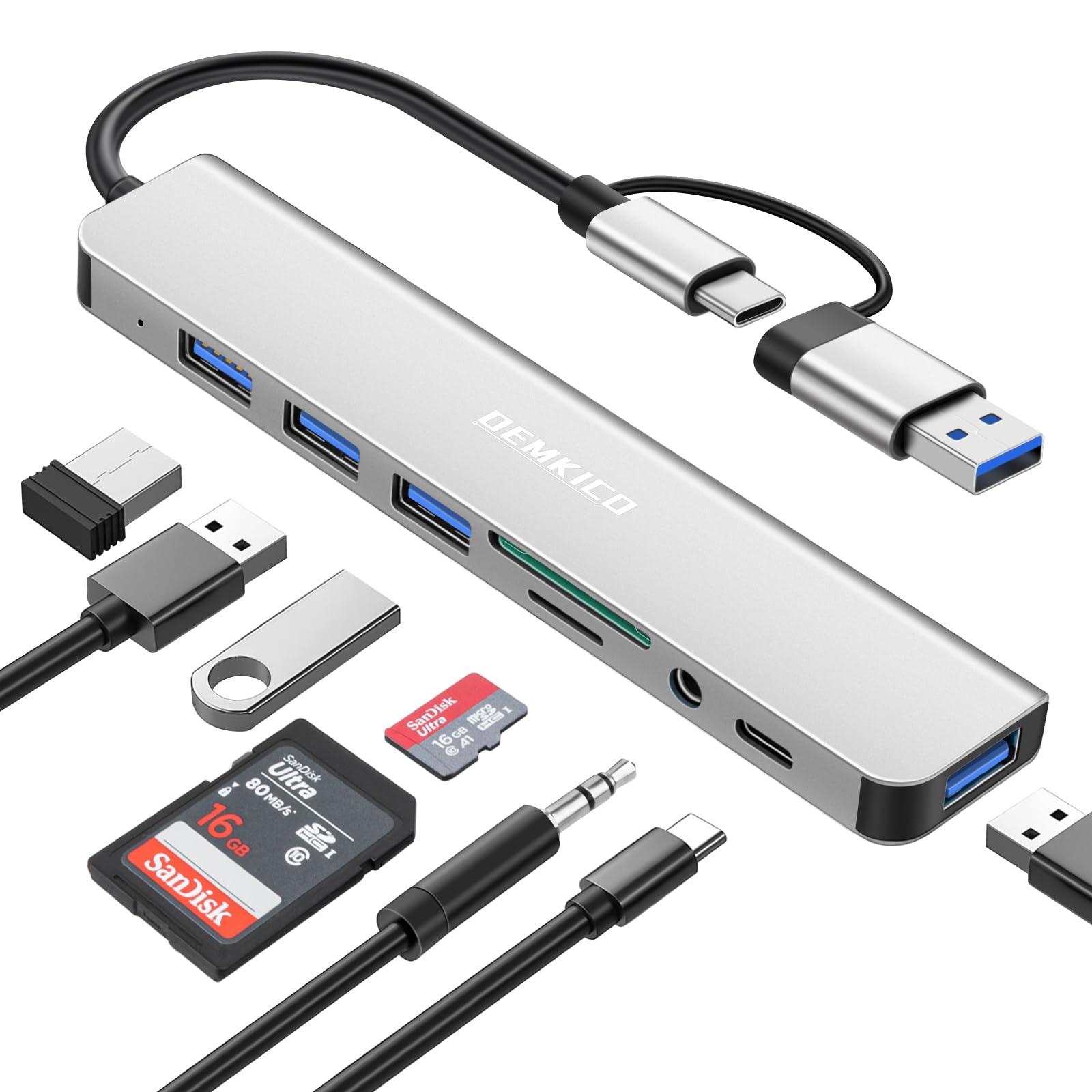Demkico Hub USB C 8 in 1 con 4 Porte USB, Argenteo