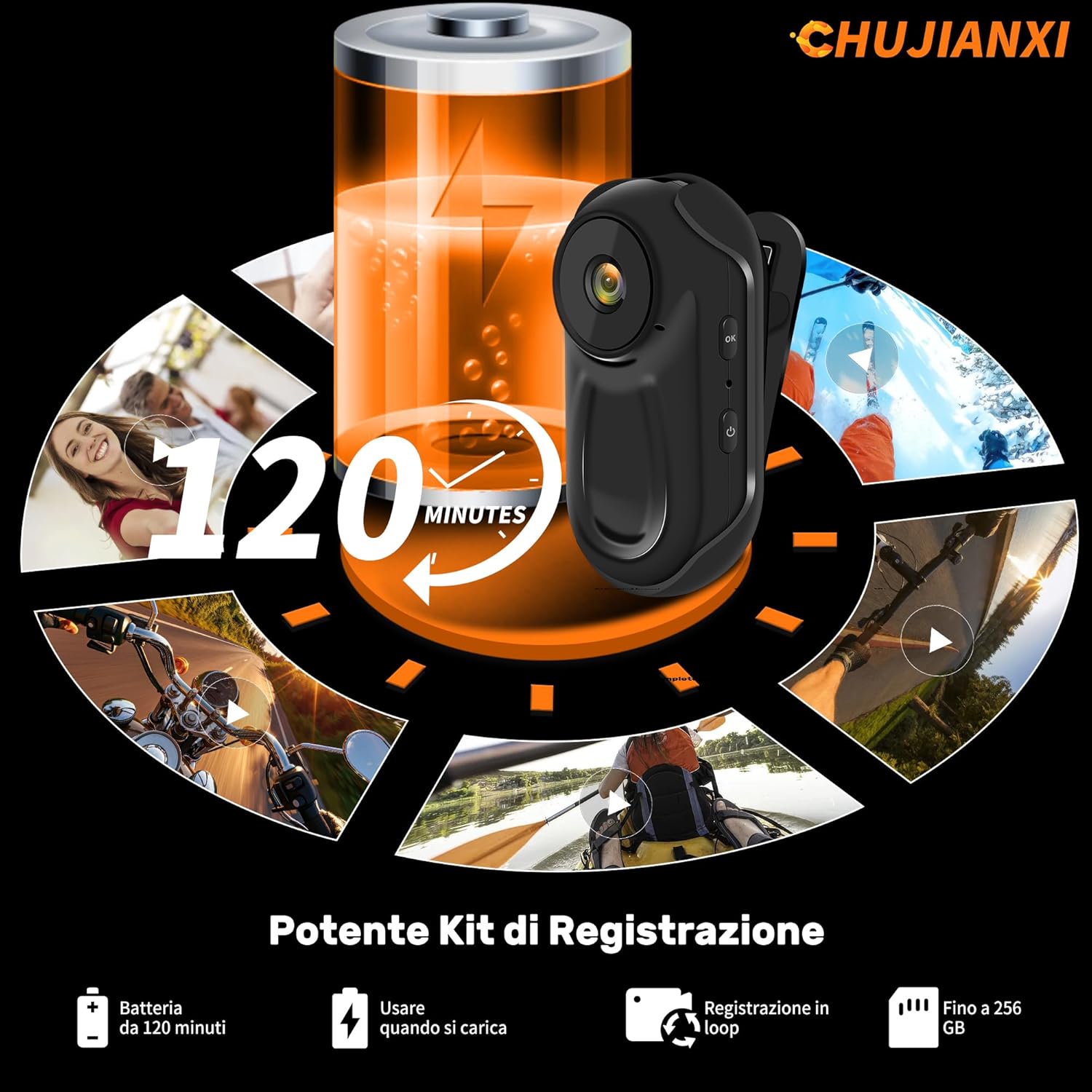 Chujianxi Mini Action Cam 1080P con Display 0.85", Nero - immagine 8