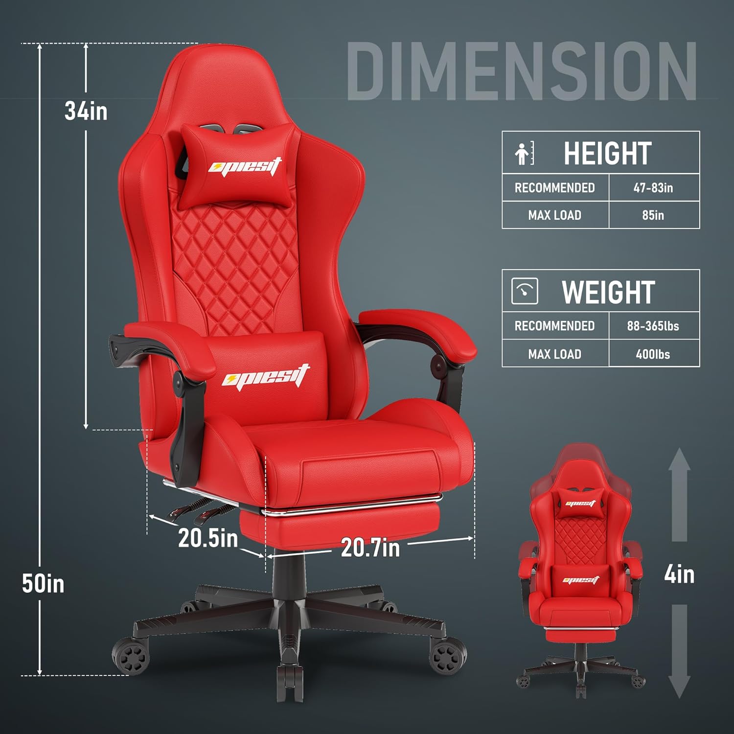 Sedia da Gaming Ergonomica in Pelle PU 200KG, Rosso - immagine 2