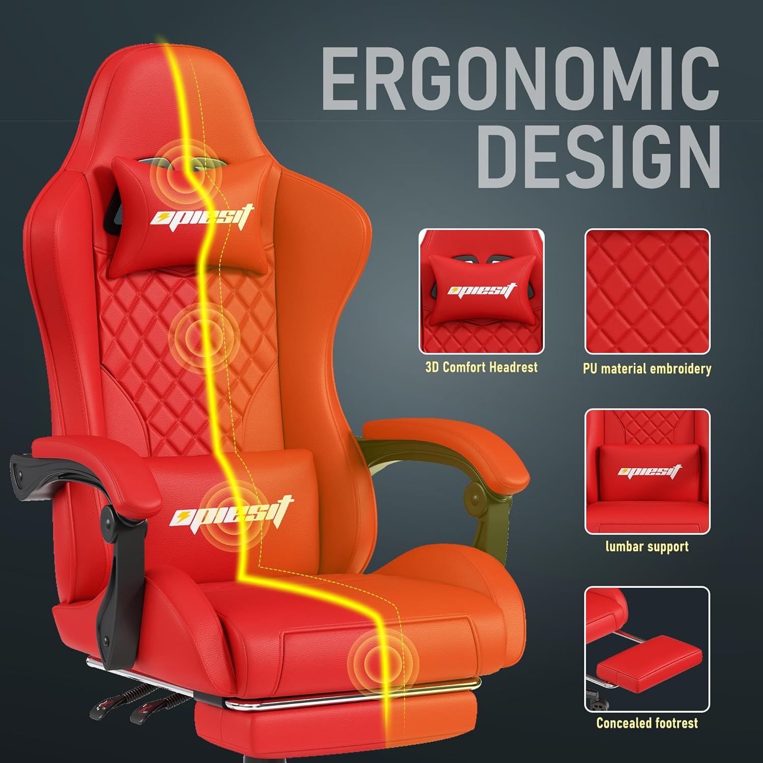 Sedia da Gaming Ergonomica in Pelle PU 200KG, Rosso - immagine 5