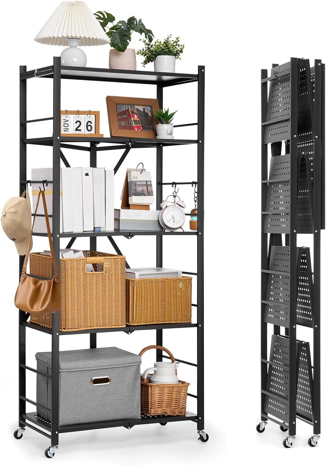 Vevor Scaffale Portaoggetti Pieghevole 5 Ripiani con Ruote, Nero