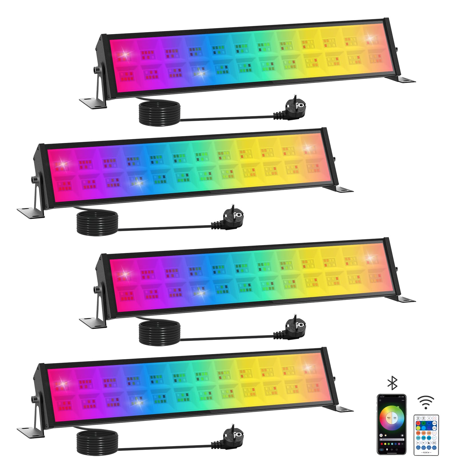 T-SUN 4 Pezzi RGB Faretto LED Esterno, 72W Barra LED RGB, Faretti Colorati Intelligente con Telecomando/APP/Memoria/Timer/Impermeabile IP66 per Scenari Bar Festa Giardino