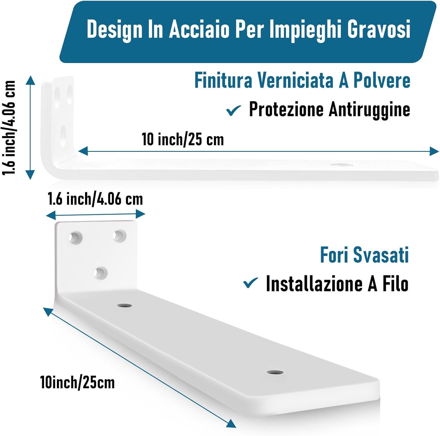 Staffe per Mensole Fluttuanti 25cm (6 Pezzi), Bianco - immagine 2