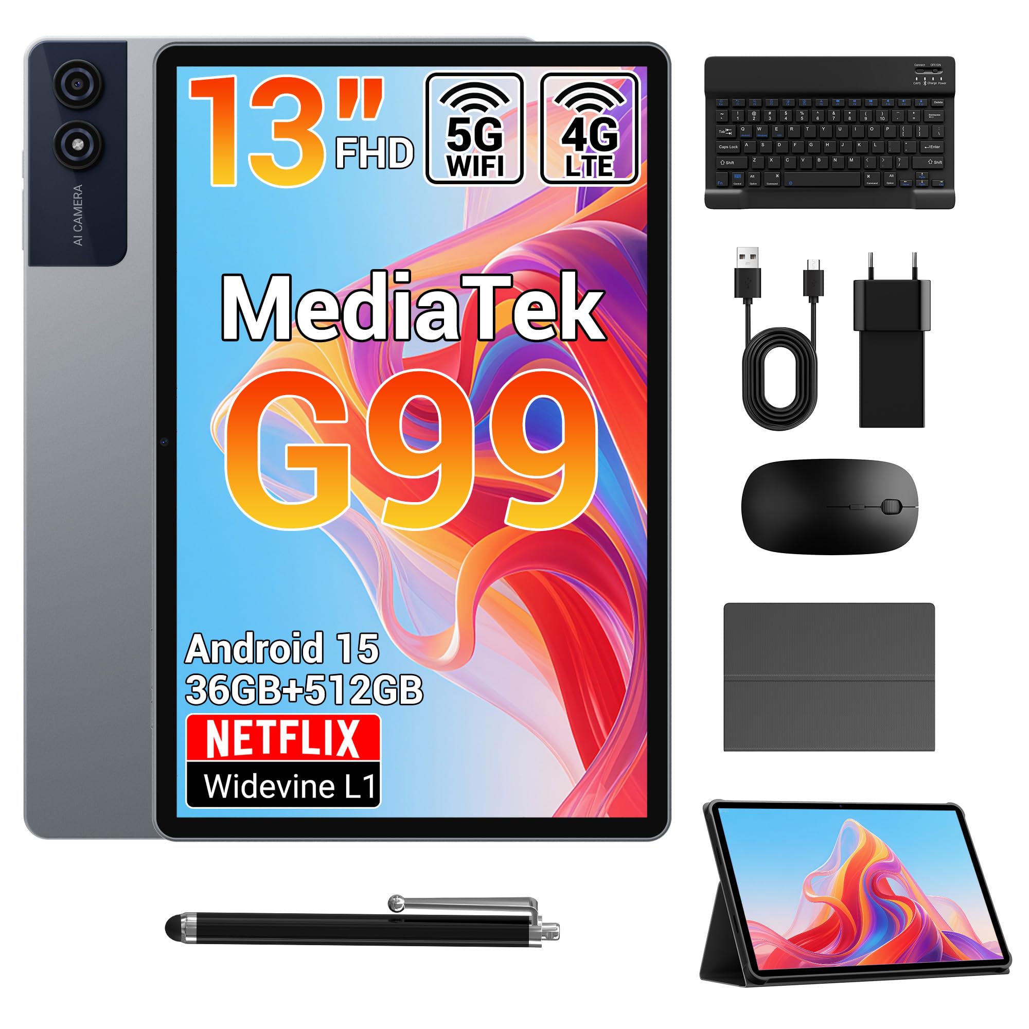 Tablet 13 Pollici Android 15 Octa-Core, Grigio