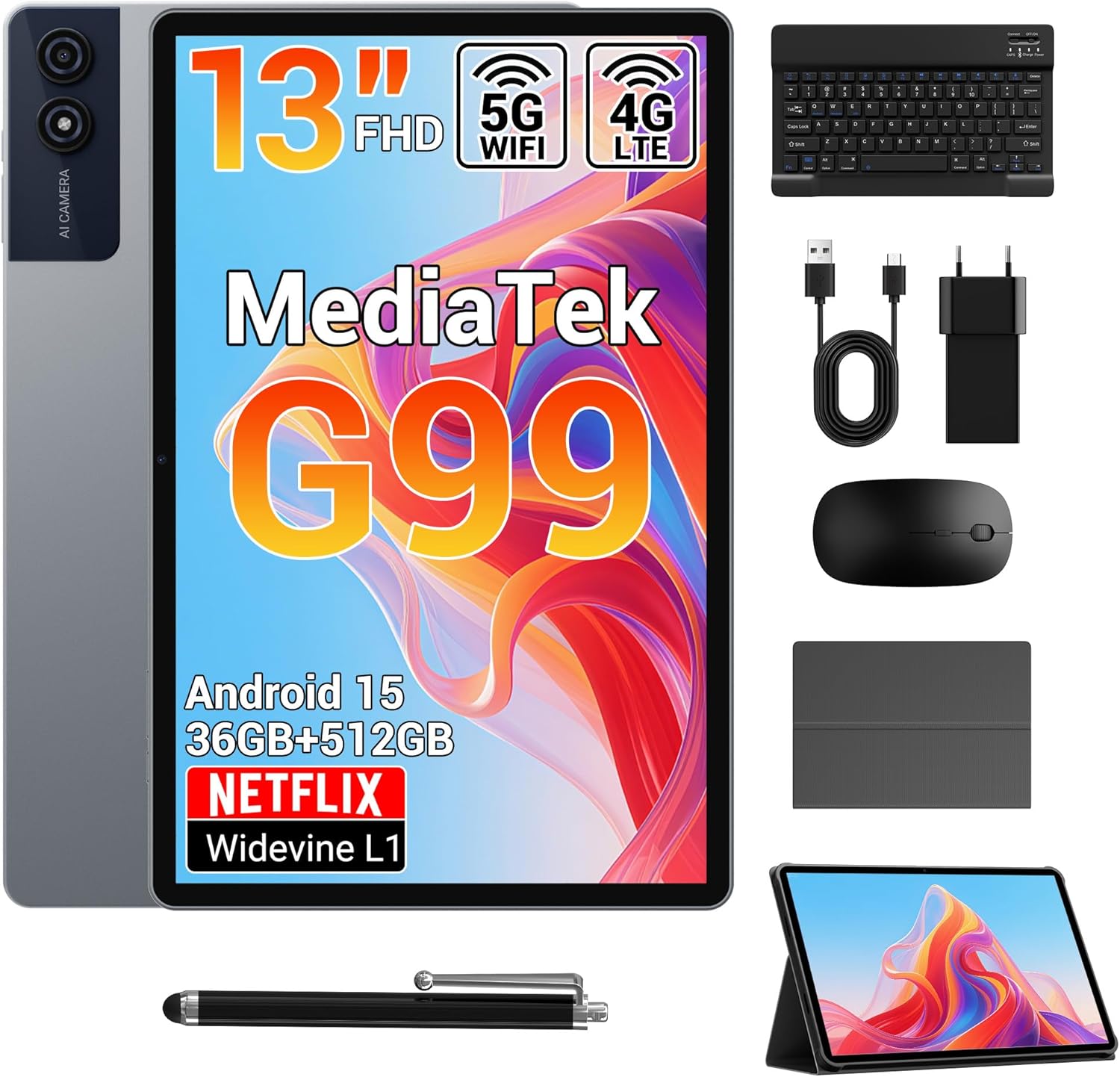 Tablet 13 Pollici Android 15 Octa-Core, Grigio - immagine 1