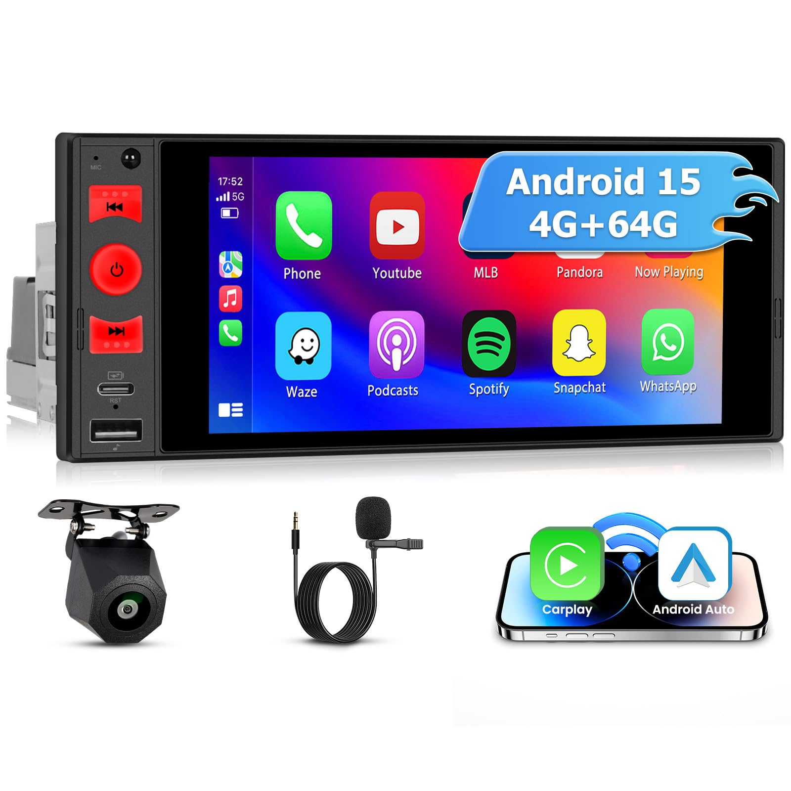 Autoradio 1 Din Android 15 4+64G Wireless CarPlay