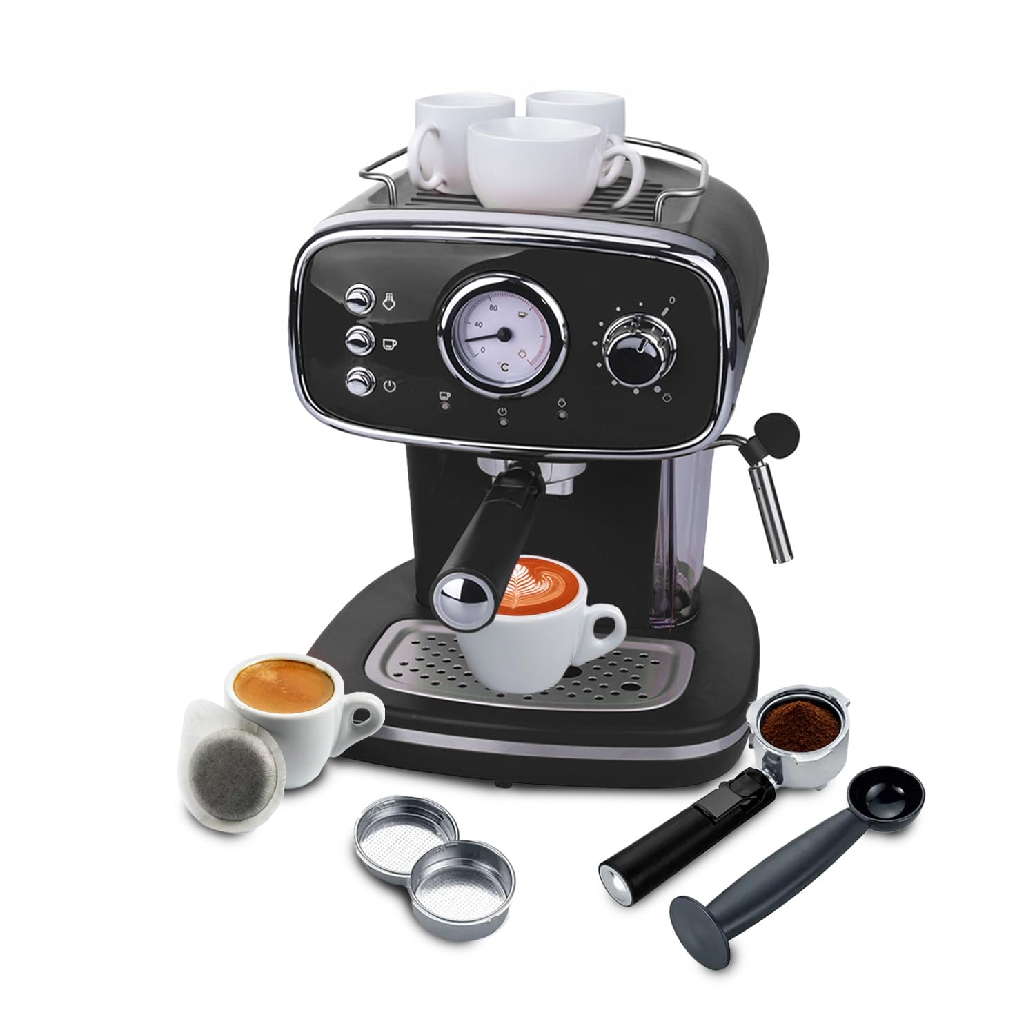 Wintem Macchina Caffè Nera 1100W per Espresso e Cappuccino