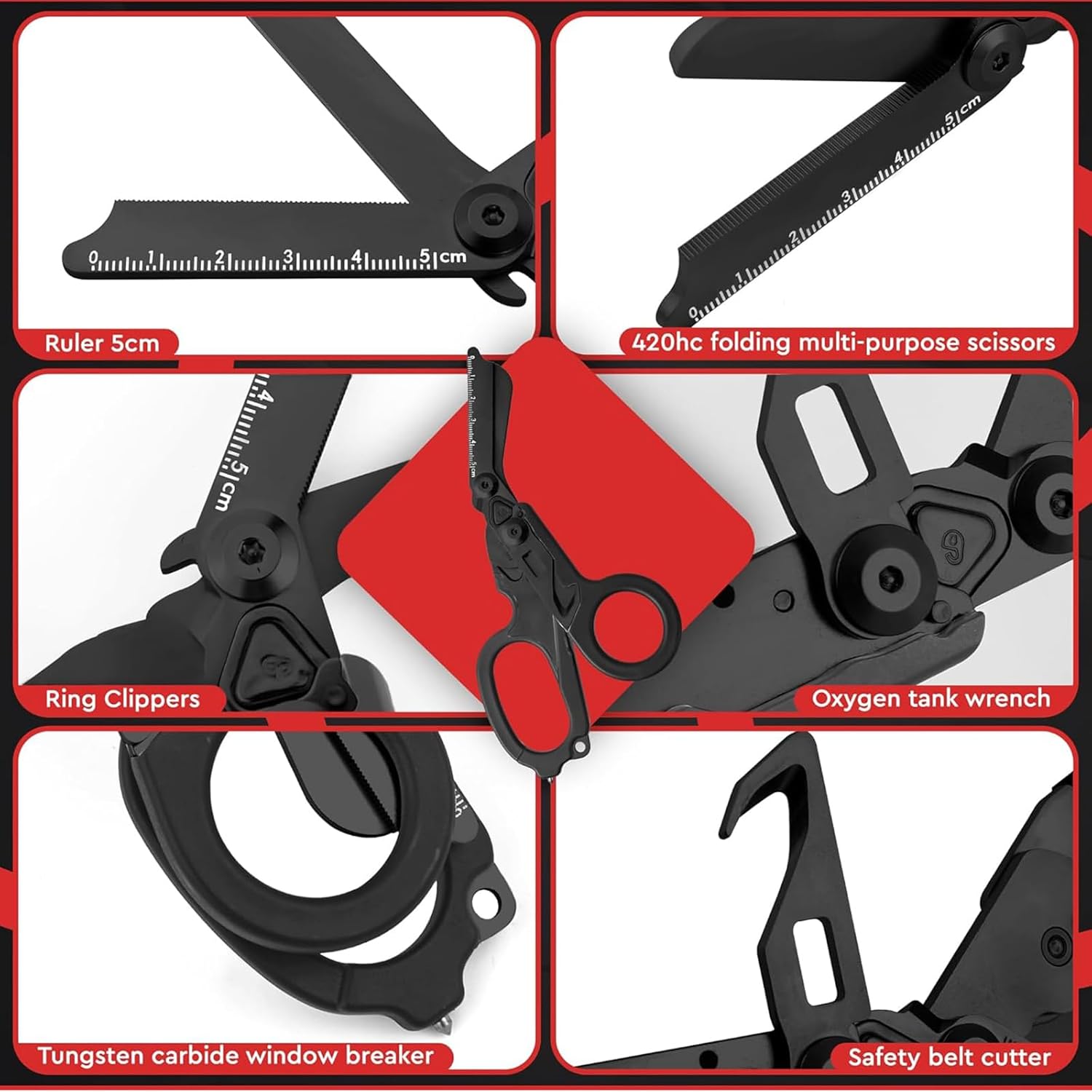 Forbici Pieghevoli 6 in 1 per Soccorso, Nero - immagine 3