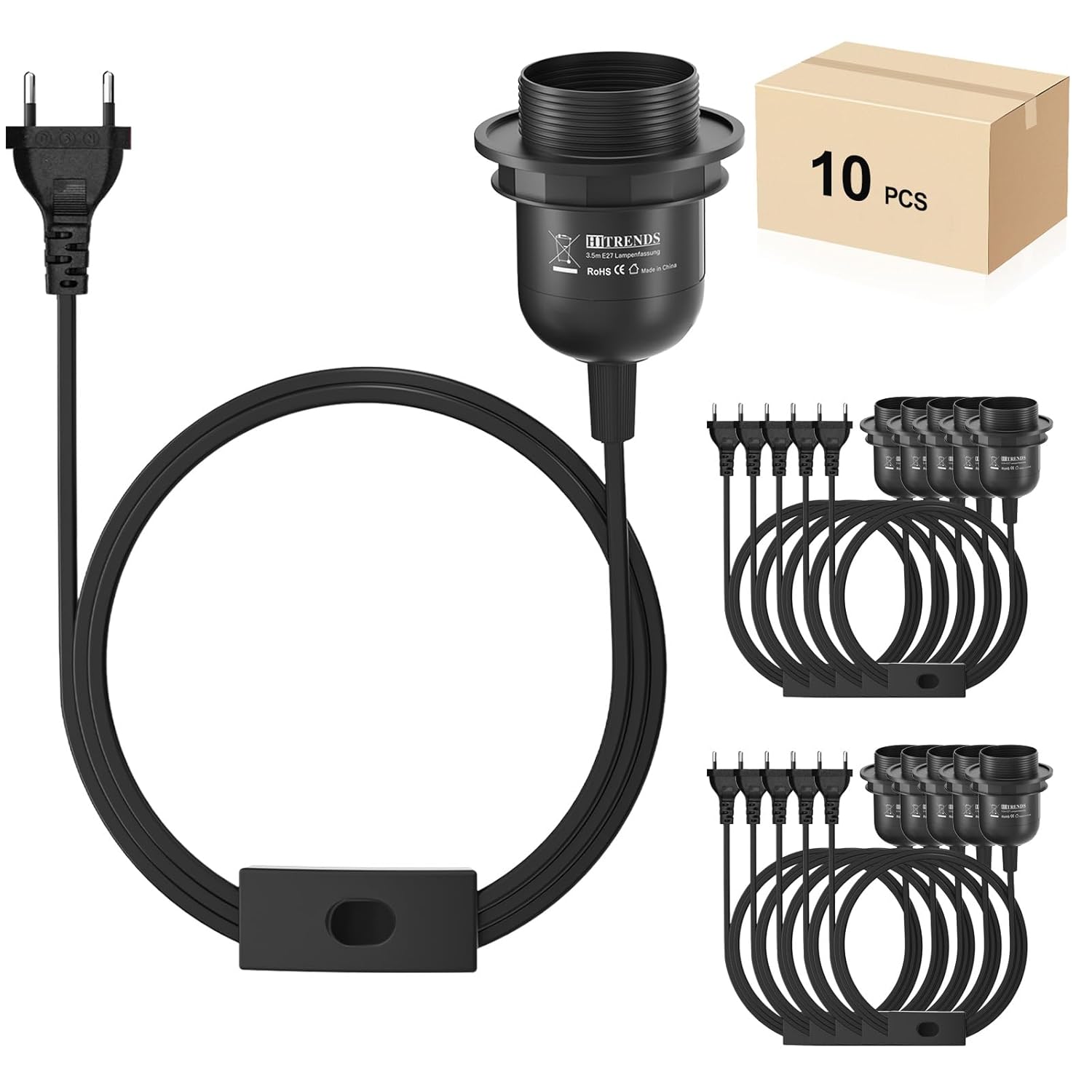 10x Portalampada E27 con Cavo e Interruttore, Nero - immagine 1